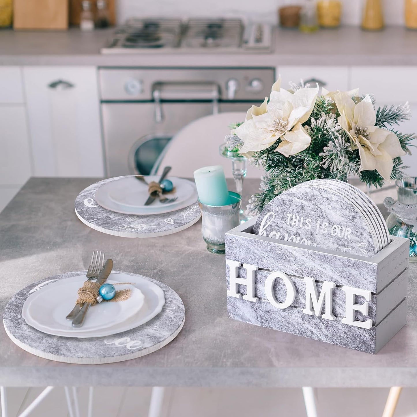 Queekay Housewarming Gifts for Home Decoration Wooden Heart Coasters for Drinks 6 Set Farmhouse Coasters with Holder Funny for Family Coffee Table Protection, 4''(Gray Marble)