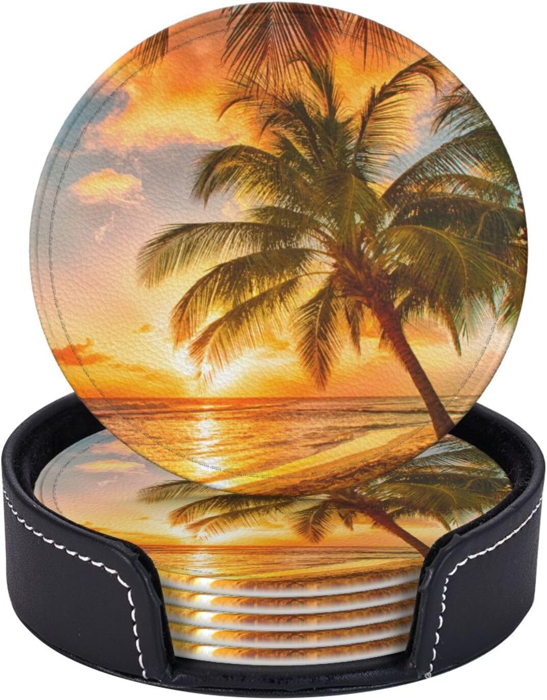Sunset Palm Tree Tropical Beach Coasters for Drinks Round Leather Coaster with Holder Set of 6 for Tabletop Protection Desk Accessories Office Home Room Decor