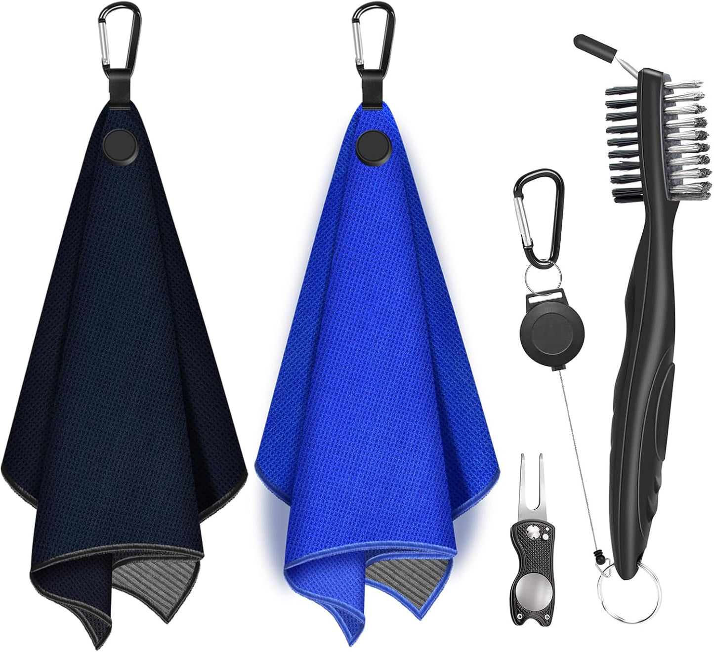 Magnetic Golf Towel, 2 PCS Microfiber Golf Towels with Wire Cleaning Cloth for Men, Industrial Strength Magnet Accessories for Strong Hold to Golf Bags, Carts or Clubs (Black Blue)