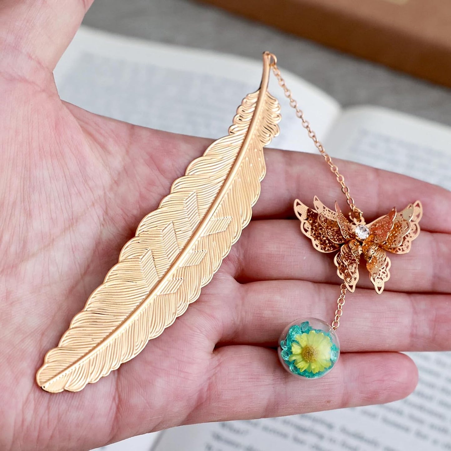 Metal Feather Bookmark with Butterfly Charm – Christmas Gifts for Women, Teachers & Book Lovers – Stocking Stuffers, Secret Santa, Birthday & Holiday Gift Box