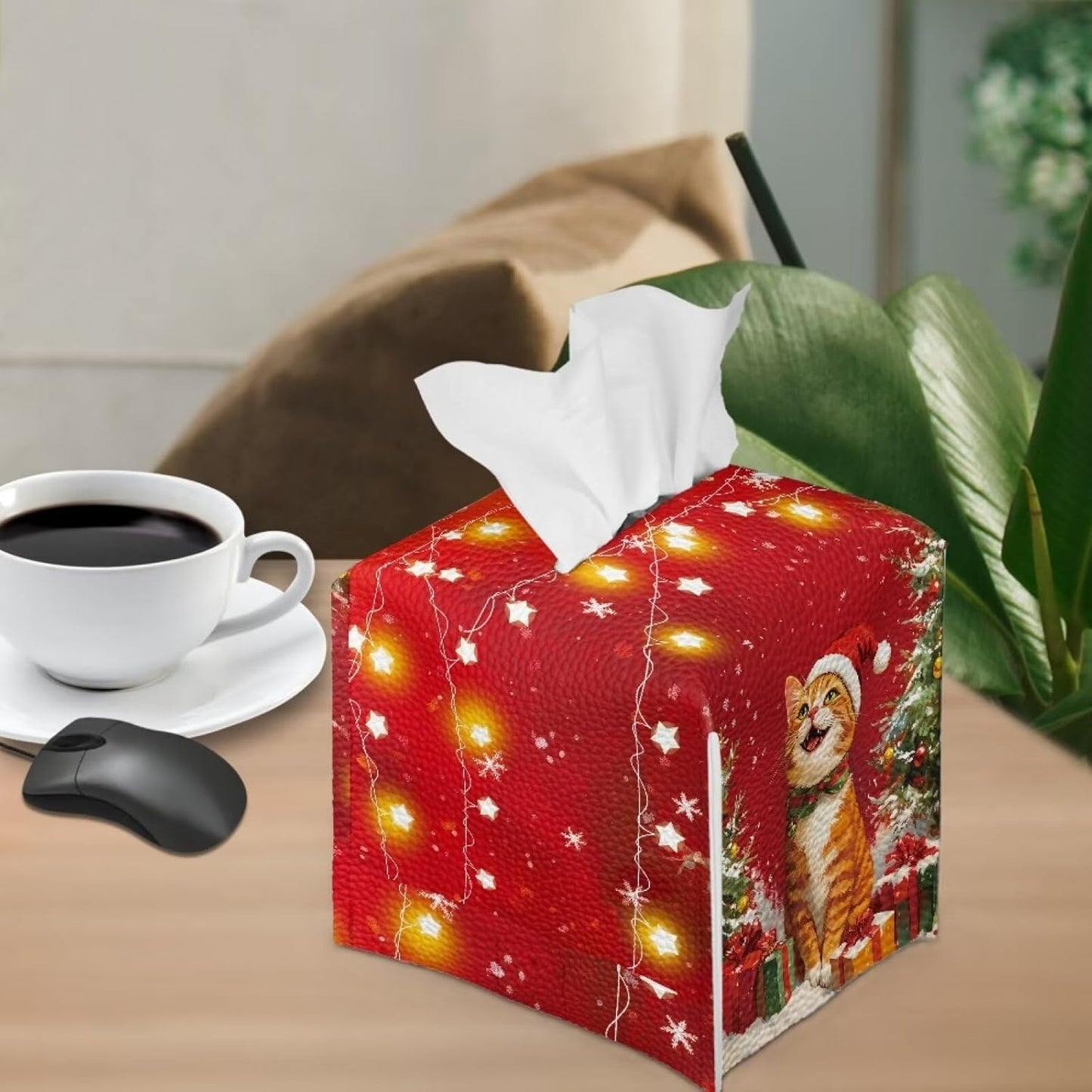 Cute Cat Christmas Tissue Box Cover Square Tissue Box Cover Red Tissue Holder 5x5 x 5 mas Home Decoration Accessories for Desk Bathroom Vanity Countertop