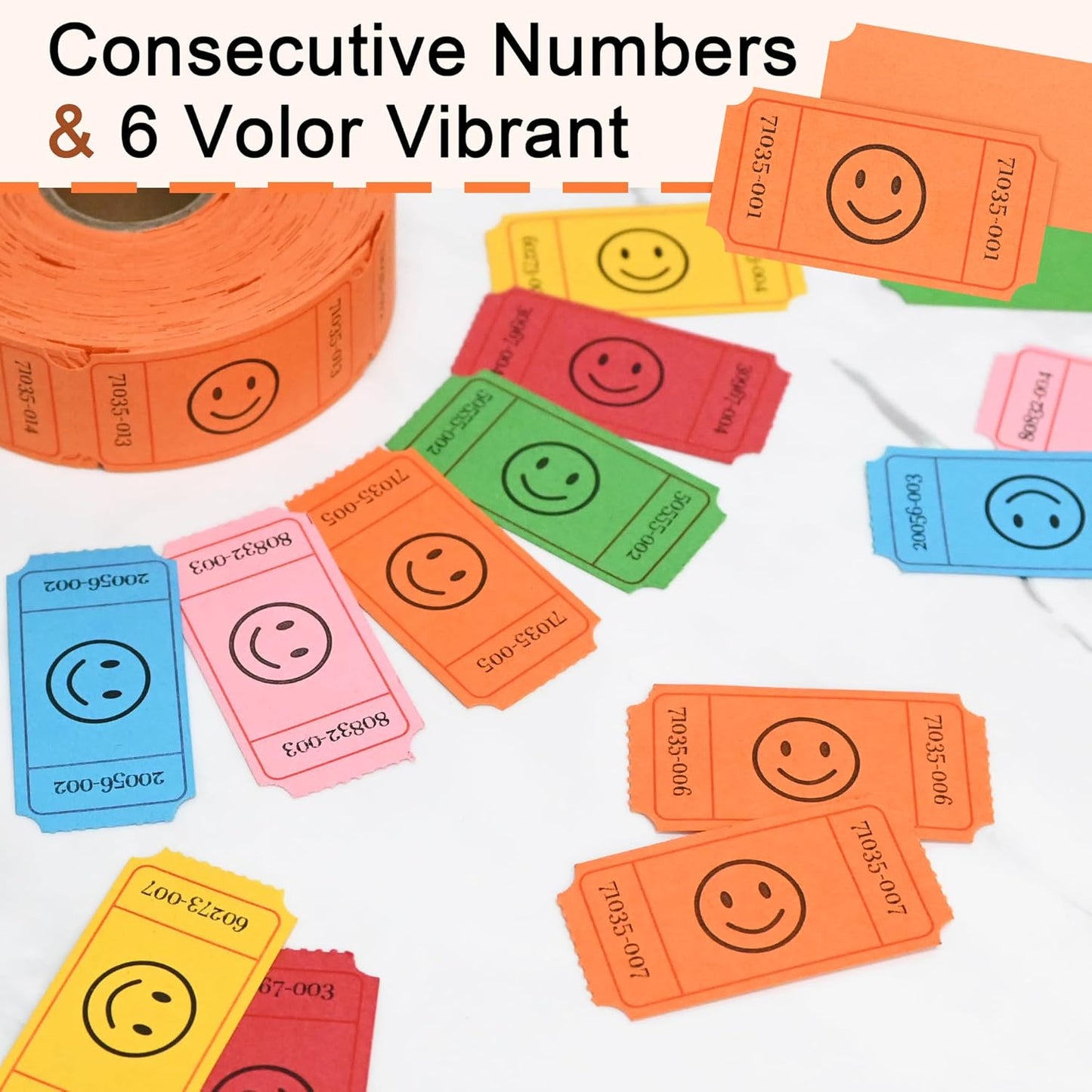 L LIKED 500-Count Smile Raffle Tickets-1"x2" Single Roll Raffle Tickets -Orange (6 Color Selection),Easy-Tear Consecutive Numbered Tickets Ideal for Events, Carnivals, School Rewards & Prize Drawings