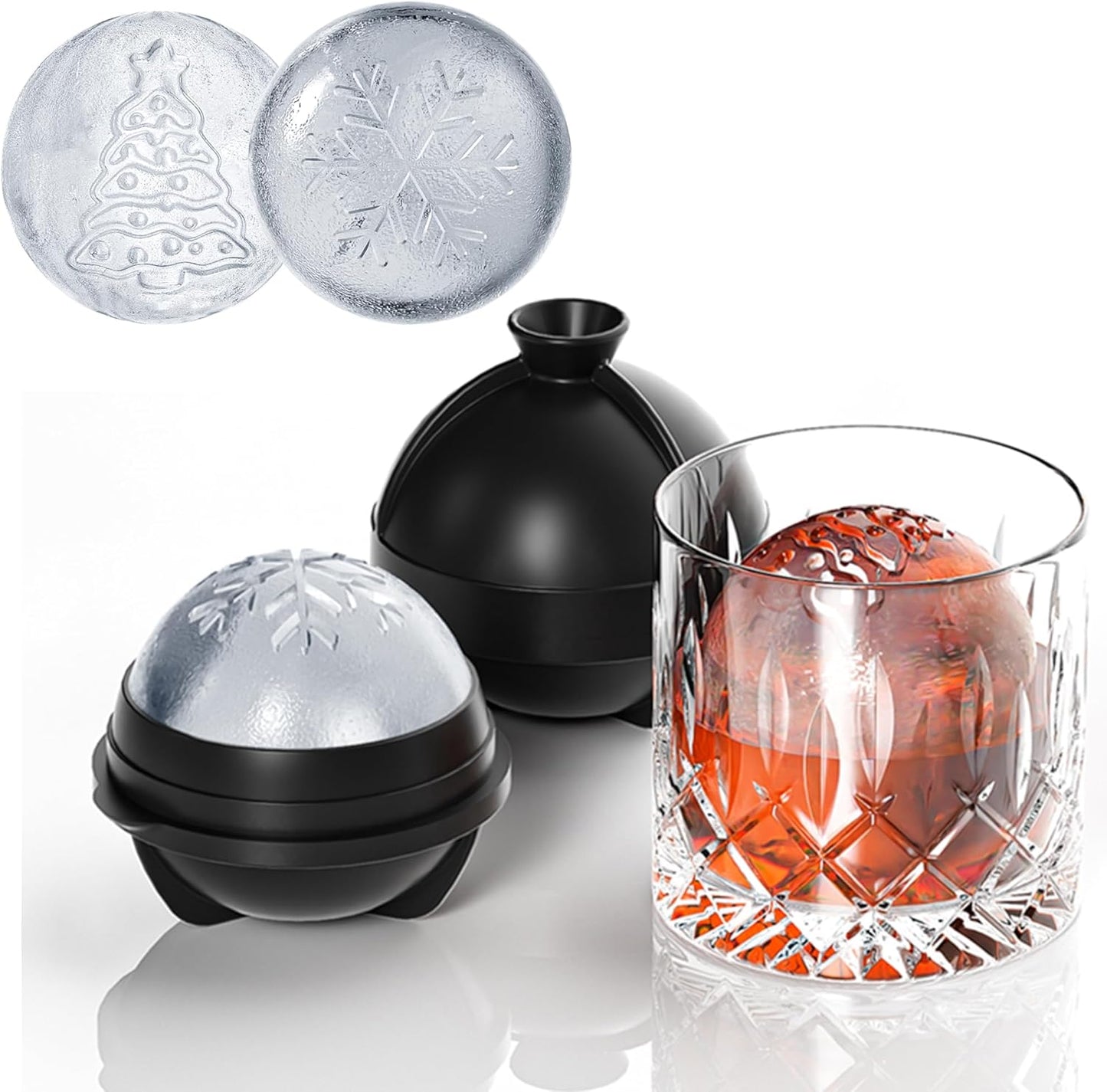 Novelty Christmas Snowflake Tree Ball Ice Maker Mold Set of 4, Funny Christmas Snowflake Tree Gifts for Women, 2.36" Large Sphere Round Ice Cube Molds for Whiskey, Bourbon, Cocktails