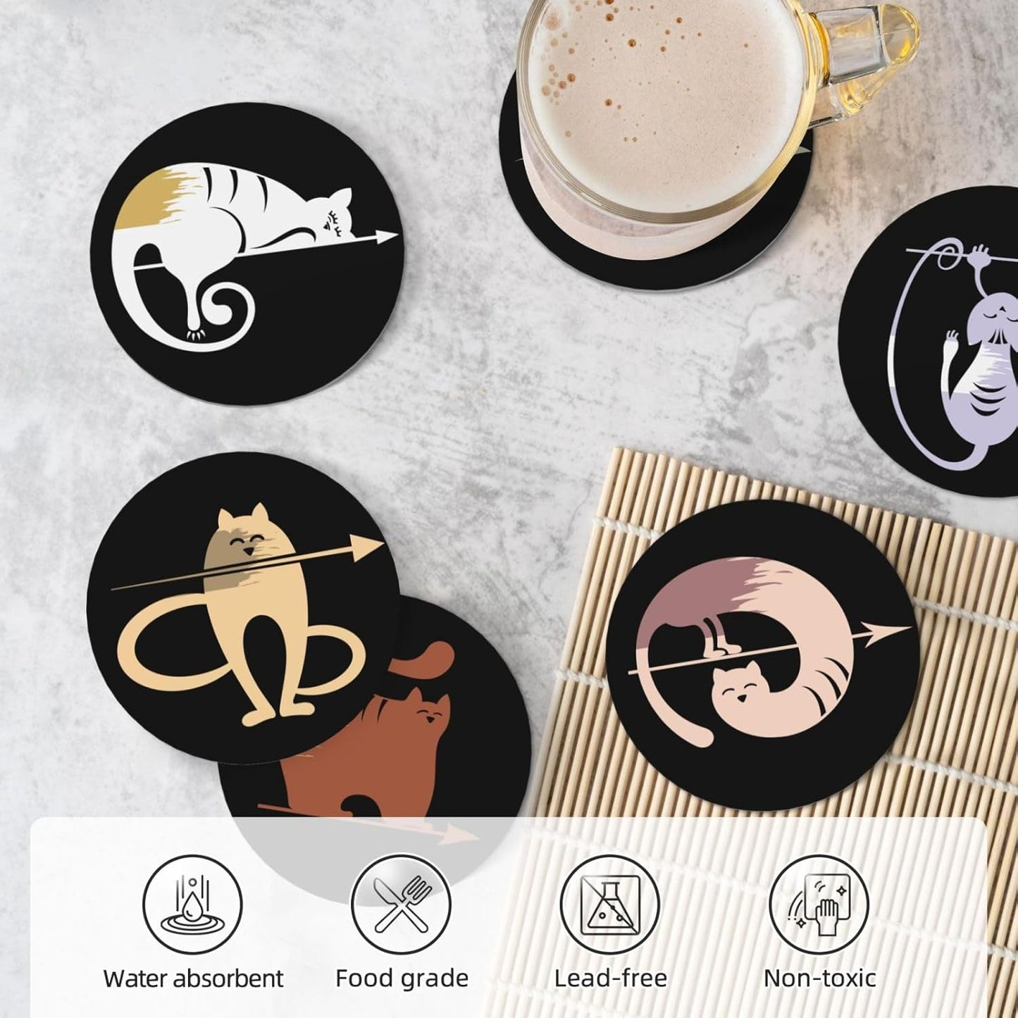 Funny Cat Absorbent Drink Coasters with Holder, Set of 6 Ceramic Coasters with Cork Base for Table Decor