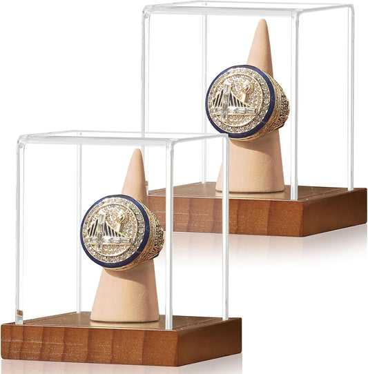 JupDec Championship Ring Display Case 2 Pack, Clear Acrylic Single Ring Holder with Wood Stand Base for Sports Basketball Baseball Fan Souvenirs Military, UV Protection