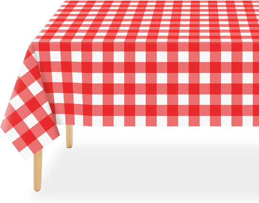 QIKSION Red Gingham Tablecloth Disposable 6 Pack, 54 x 108 Inch Red and White Checkered Table Cloth for Rectangle Tables, Plastic Table Cover
