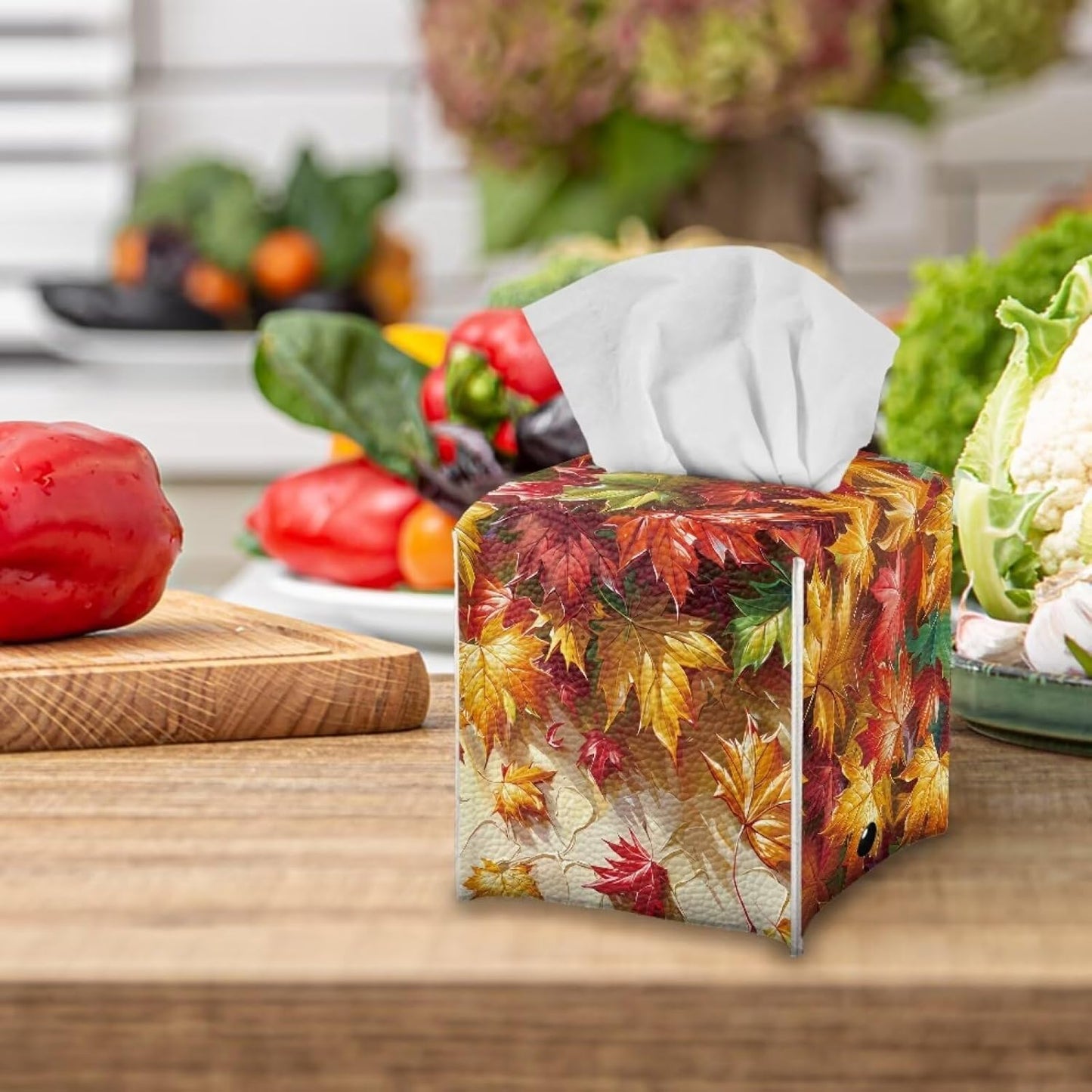 Maple Leaf Tissue Box Cover PU Leather Square Tissue Box Case Thanksgiving Theme Organizer Holder Foldable Waterproof Facial Paper Dispenser Easy to Install