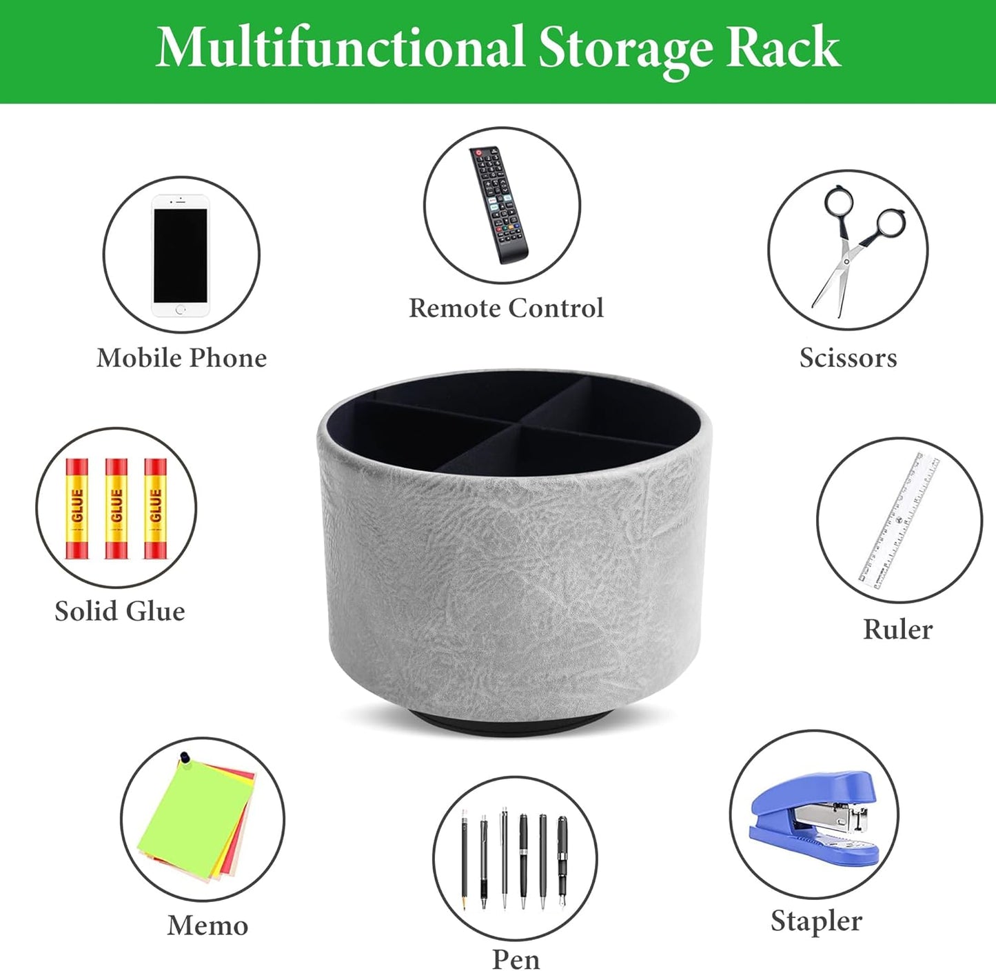 Hennaja Round Leather Art Supply Organizer,Remote Control Holder,360 Degree Spinning,Multi-Functional Pencil Holder,4 Compartments Desktop Stationary Organizer(1-Crazy Blue)