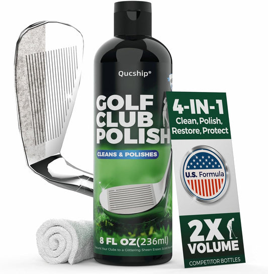 Qucship 8oz Golf Club Polish with Towel, 4-in-1 Golf Club Polishing kit - Easy to Use Golf Club Cleaner and Scratch Remover, Long Lasting Golf Club Polish for Metal, Zinc, Aluminum & Steel Clubs