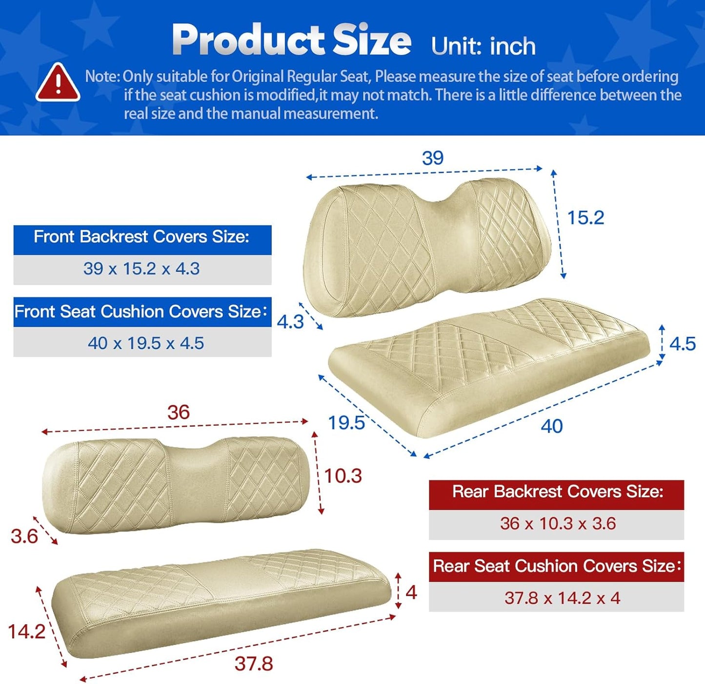 NOKINS 4PCS Golf Cart Seat Covers Kit, Front and Rear Seat Covers Fits Club Car Precedent Standard Seat Cushion, Club Car Vinyl Diamond Seat Covers Accessories, No Staples (Buff)