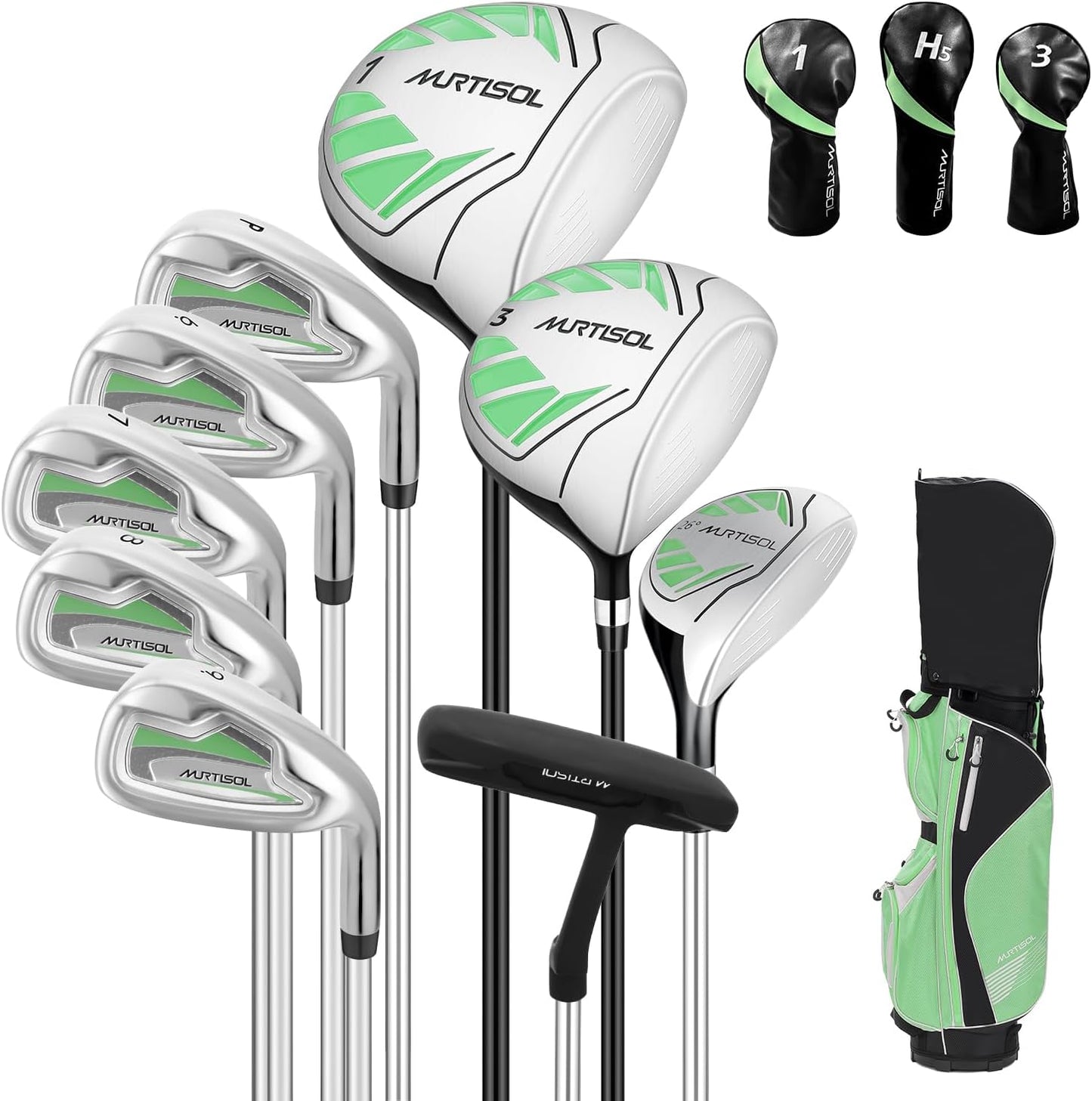 10 Pieces Golf Clubs Full Set Mens Right Hand,Golf Set Includes Stand Bag with Rain Hood, 1#Driver 3#Wood #5 Hybrid,with 3 Head Covers, 6# 7# 8# 9# PW# Irons and Putter