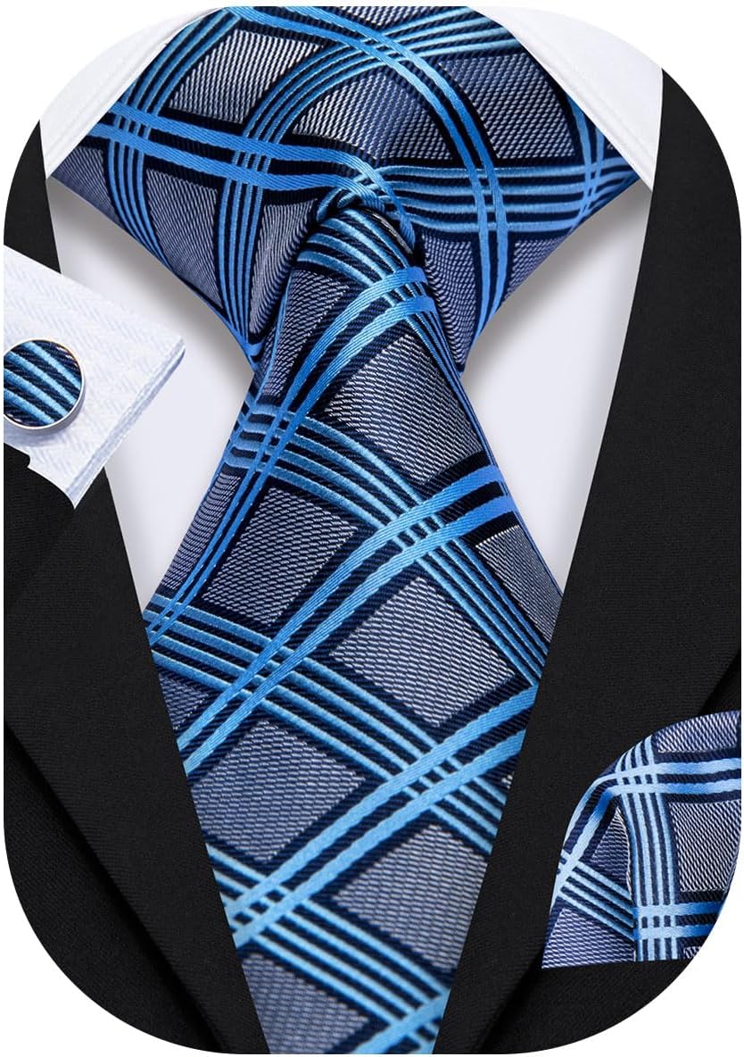 Barry.Wang Designer Classic Ties for Men Set Formal Pocket Square Cufflink Check Plaid