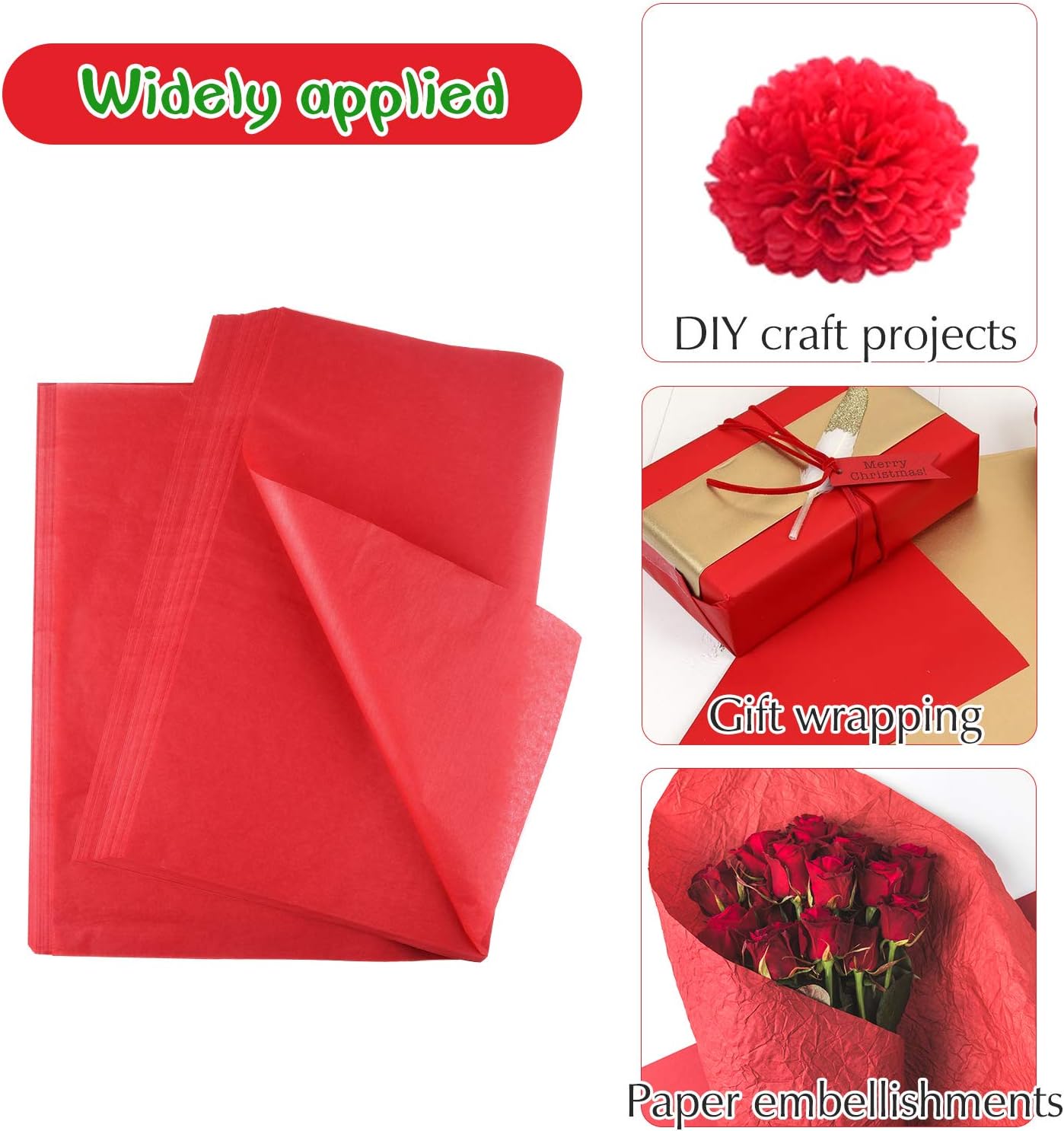 FEPITO 100 Sheets Christmas Tissue Paper Gift Wrapping Paper Red Green Grey and White Tissue Paper for Xmas Gift Wrapping, Crafts(14 x 20 Inch)