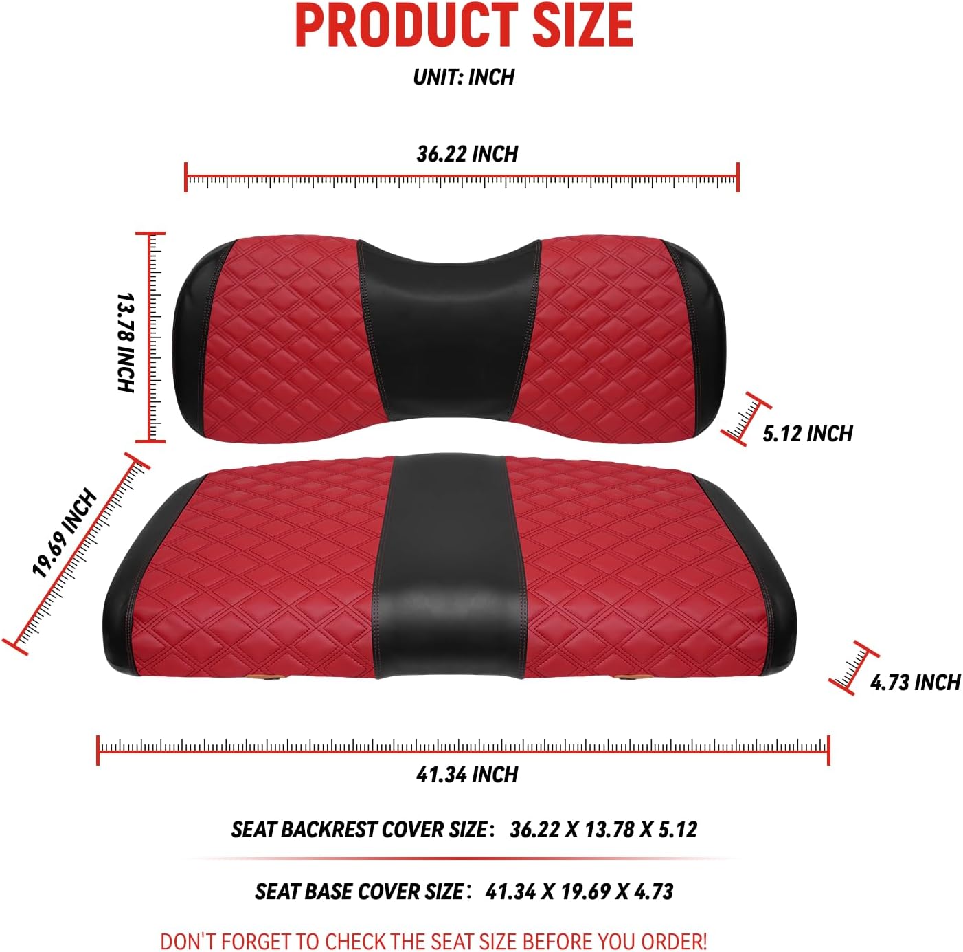 Golf Cart Front Seat Covers for Yamaha Drive 2007-2016/Drive 2 2017+ Front OEM Universal Seat Cushion, Marine Grade Vinyl Leather Seat Covers/Easy to Install-Deep Red(2PCS)