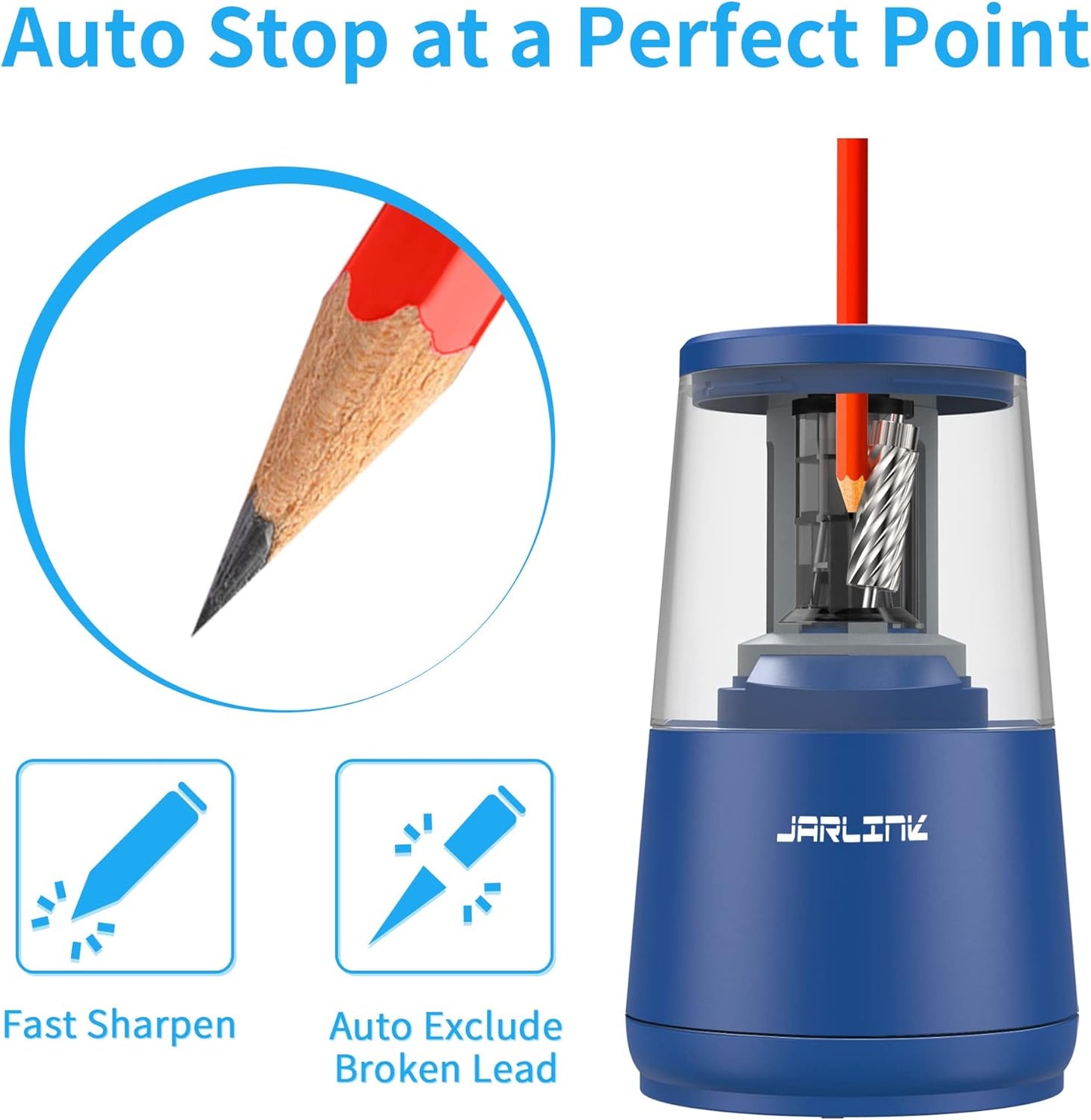 JARLINK Electric Pencil Sharpener, Heavy-Duty Helical Blade to Fast Sharpen, Auto Stop for No.2/Colored Pencils(6-8mm), AC Adapter/Battery Operated in School Classroom/Office/Home (Blue)