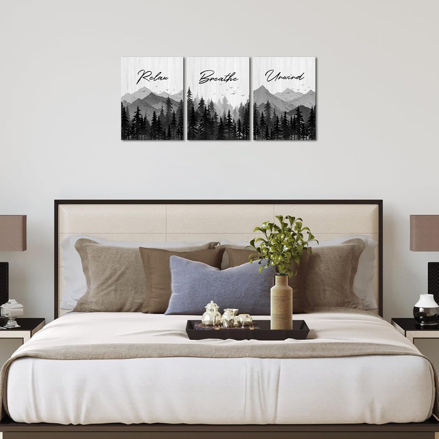 Saypeacher Bathroom Wall Decor Black and White Wall Art Mountain Print Breathe Relax Signs for Bedroom 12x16inchx3pcs