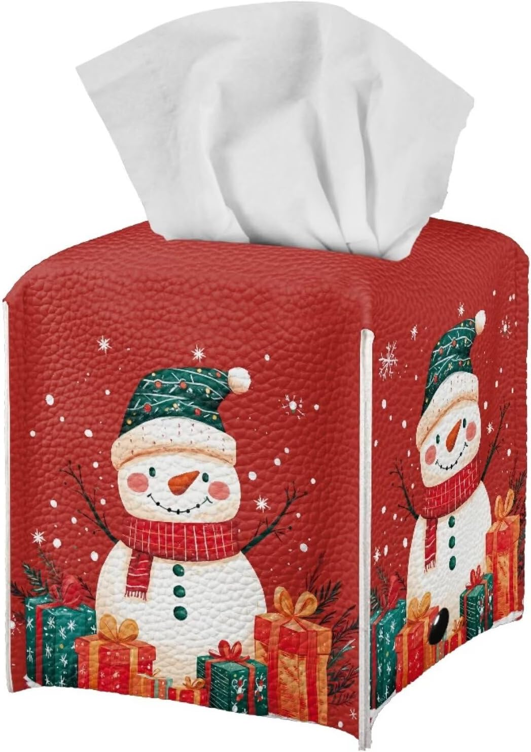 Christmas Tissue Box Cover Cube Cute Snowman PU Leather Decorative Tissue Box Holder Square Funny Tissue Case Cover Holiday Home Bathroom Accessories for Bedroom Living Room
