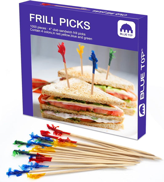 BLUE TOP Wood Frill Picks Frill Toothpicks 4 Inch Pack 1000,Decorative wood toothpicks,Cocktail Party Toothpicks for Fruit,Appetizers,Club Sandwiches,Great to use at Valentine's Day and Parties.