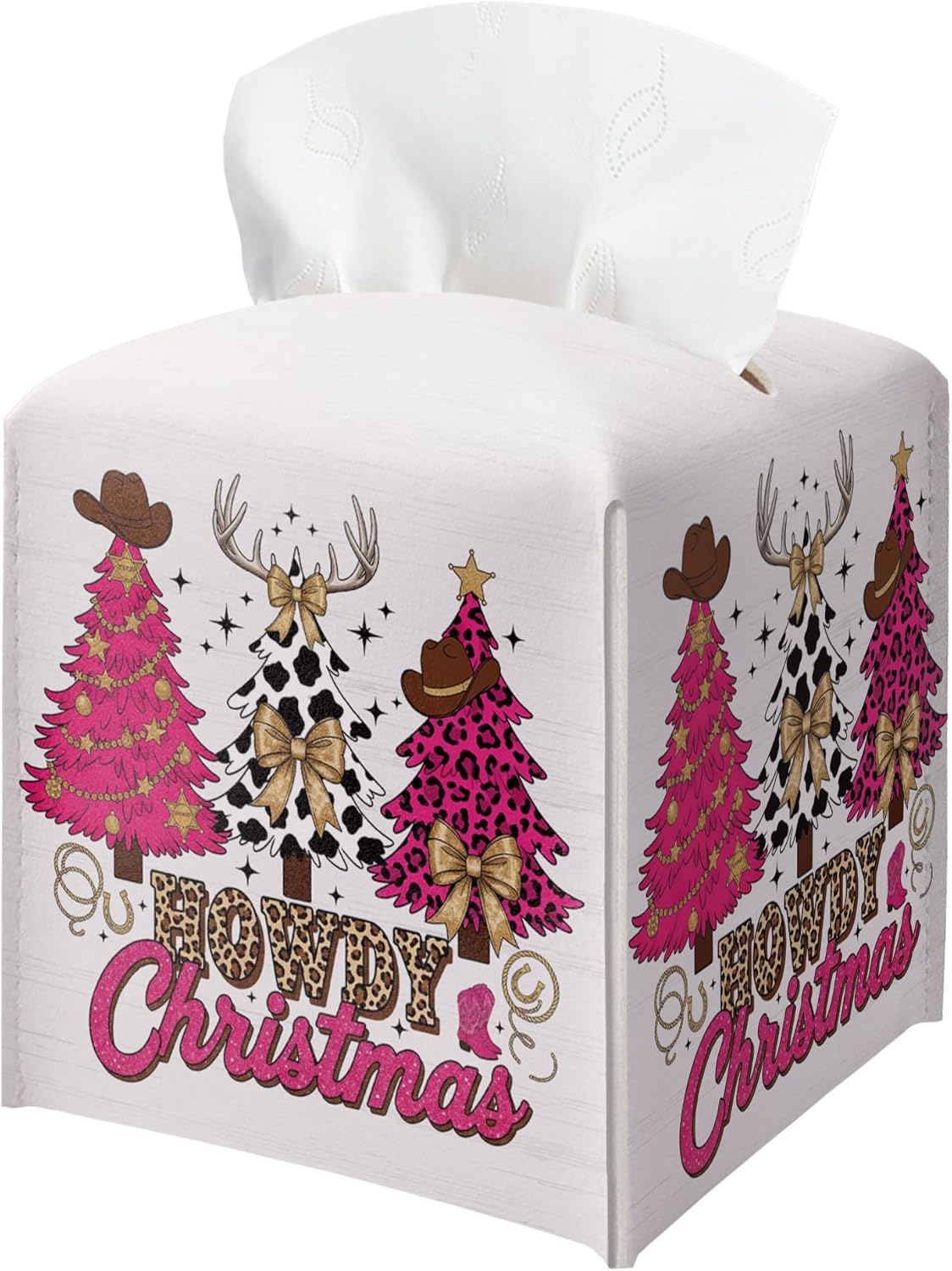 Christmas Tissue Box Holder, Pink Western Cowboy Christmas Trees Leather Tissue Box Cover Square, Paper Facial Decorative Tissues Cover for Night Stands Bathroom Office Home Decor-B08