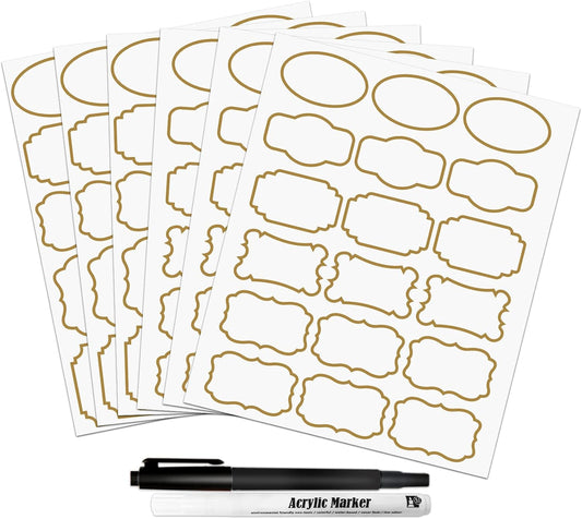 Kitchen Pantry Food Containers Clear Labels with Gold Border, 93 Waterproof Removable Write-on Sticker Labels Tags to Organize Spice Jars Condiment Flour Sugar Canisters Storage Bins, Free 2 Markers