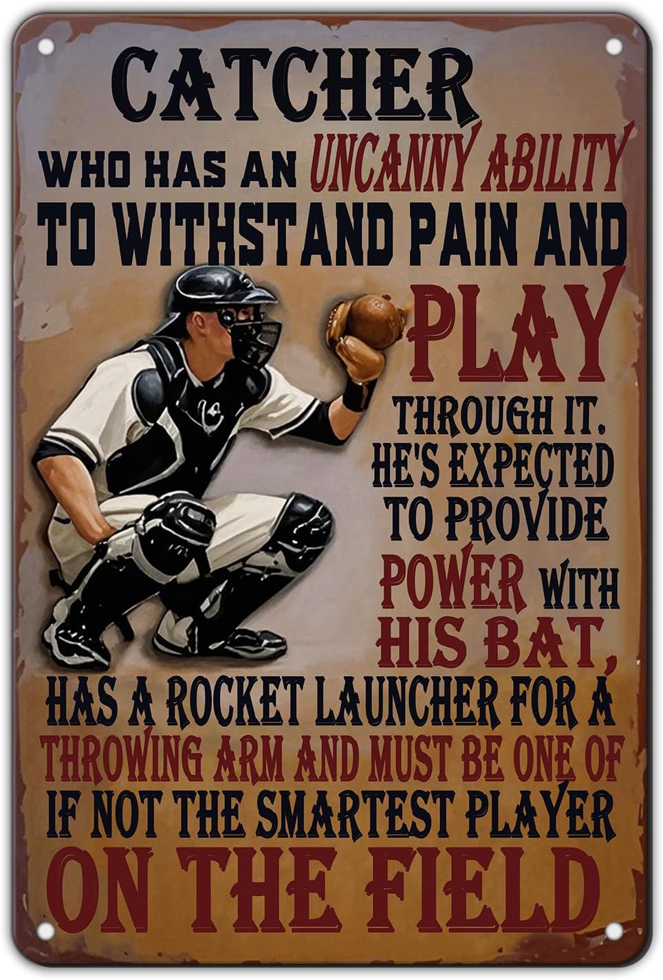 Baseball Catcher Metal Tin Sign Baseball Catcher Funny Sign Home Kitchen Wall Decor 8x12 Inch Funny Plaque