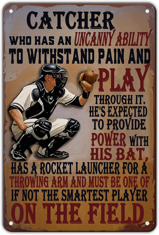 Baseball Catcher Metal Tin Sign Baseball Catcher Funny Sign Home Kitchen Wall Decor 8x12 Inch Funny Plaque