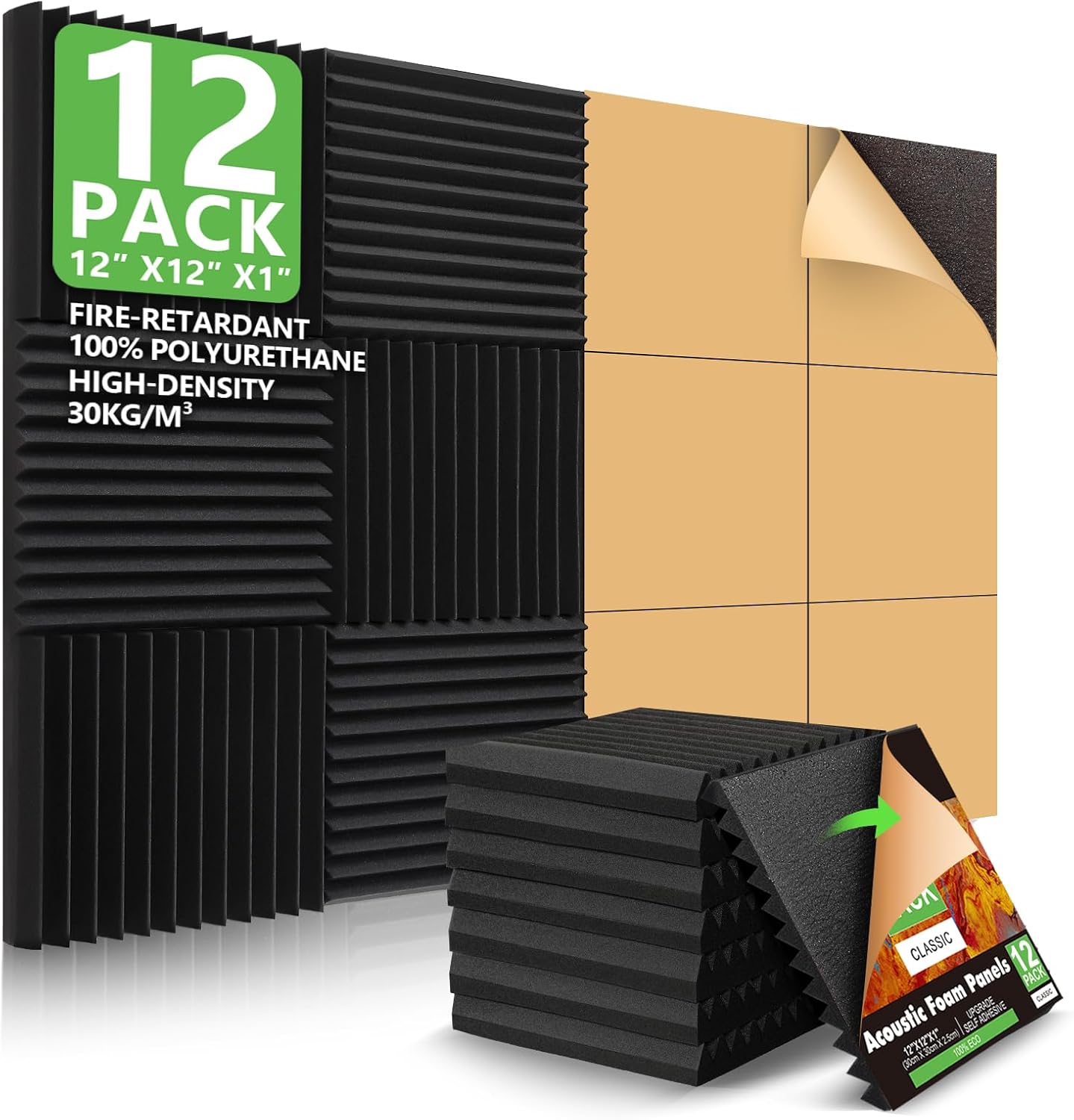 12 Pack Sound Proof Foam Panels Studio Acoustic Foam Panels,1" X 12" X 12"Soundproof Wall Panels With Self-Adhesive,Fire-Proofed Soundproofing Wedges,Acoustic Treatment Foam for Home-Black