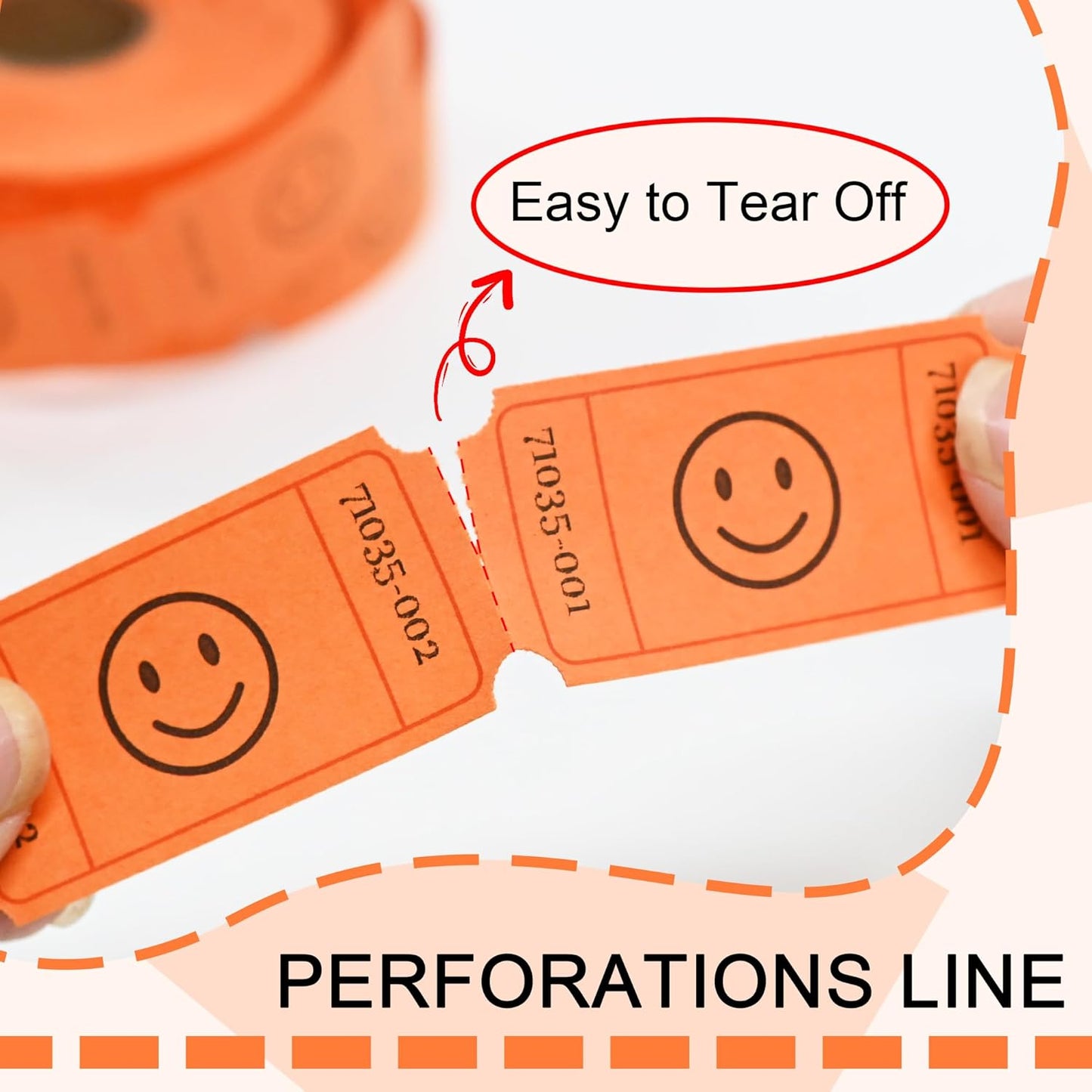 L LIKED 500-Count Smile Raffle Tickets-1"x2" Single Roll Raffle Tickets -Orange (6 Color Selection),Easy-Tear Consecutive Numbered Tickets Ideal for Events, Carnivals, School Rewards & Prize Drawings