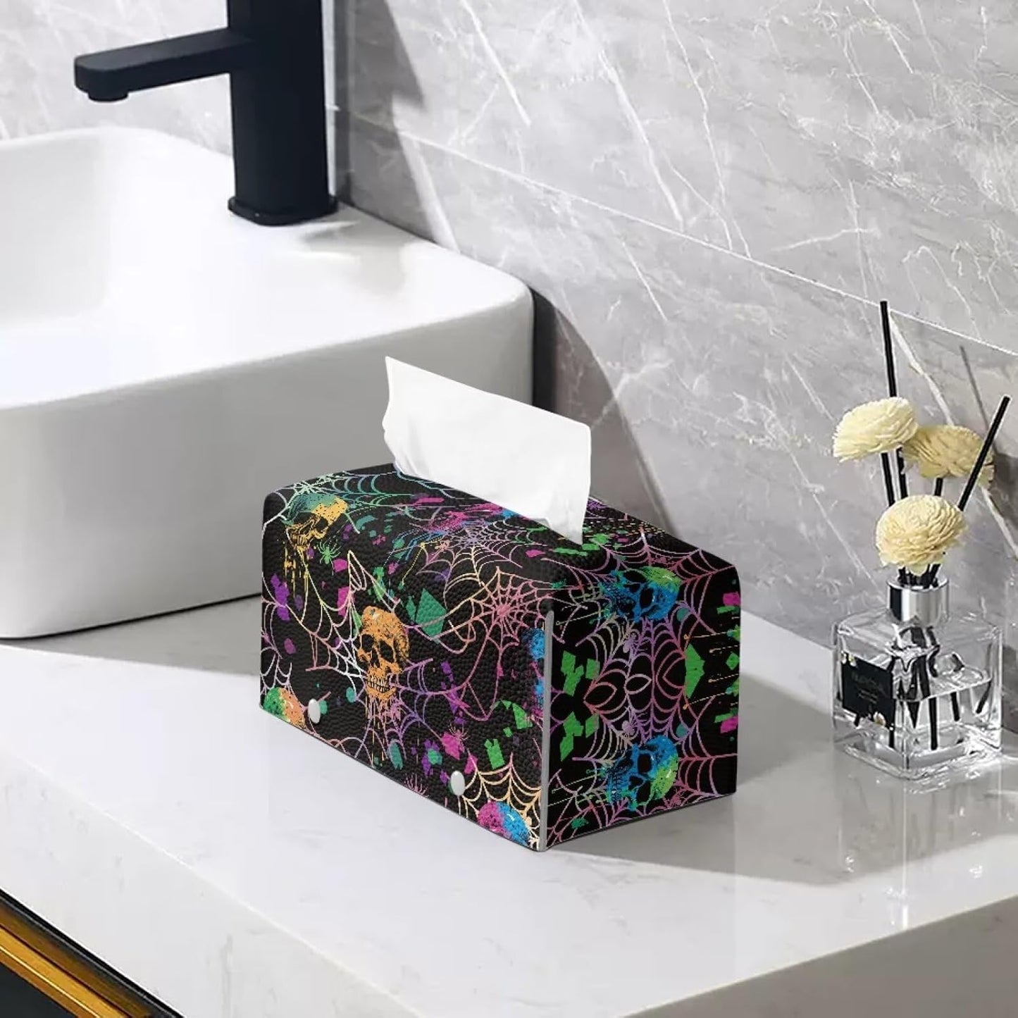 Rectangular Tissue Box Cover Hallween Tissue Box Holder with Skull Print Holiday Home Decor for Living Room Kitchen Bathroom Hotel Countertop