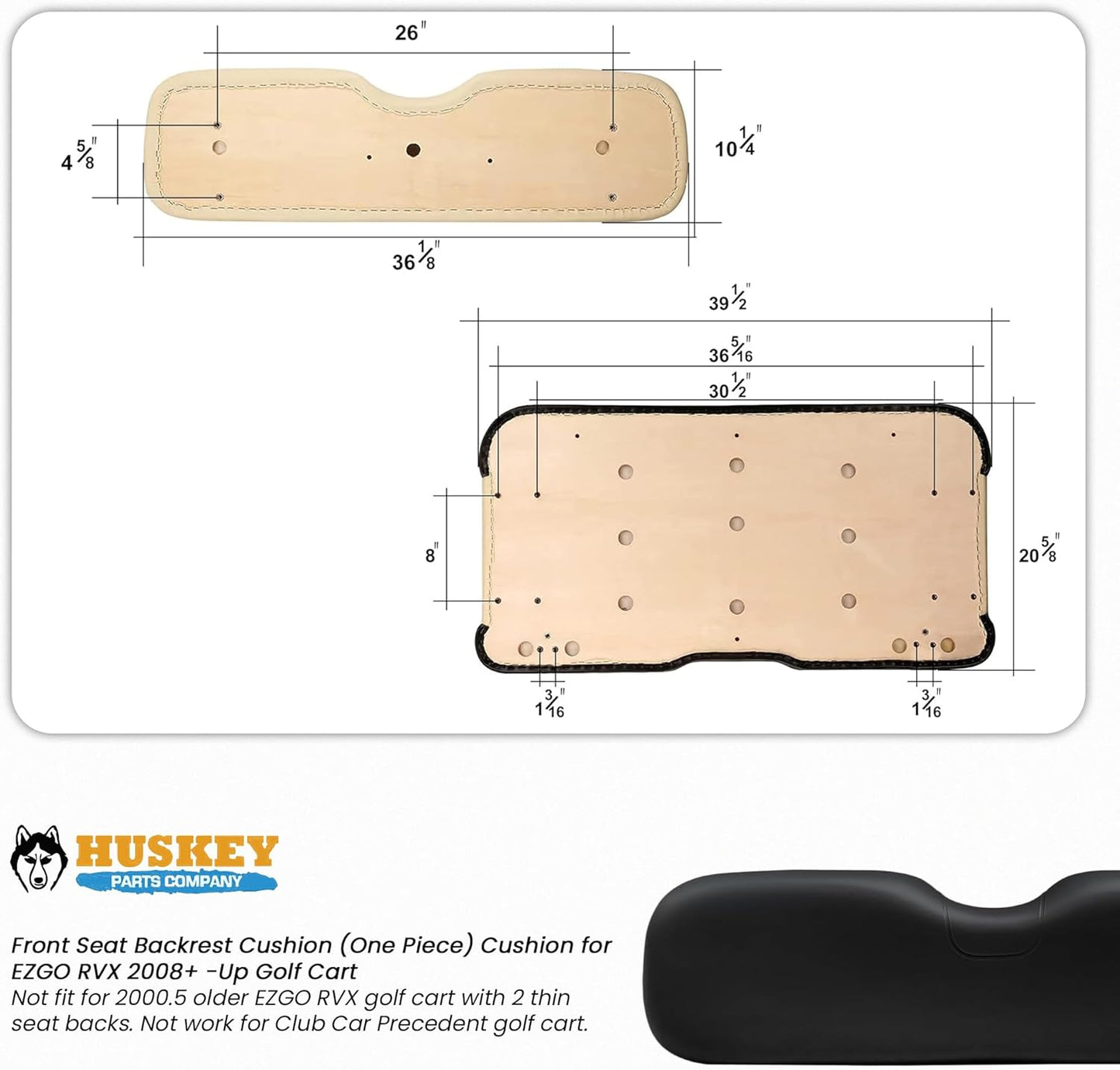 Huskey Parts Company Golf Cart Seat Cushion for Front Seat Lean Back, Black Color for EZGO RXV 2008+, Golf Cart Front Seat Replacement with Mounting Hardware