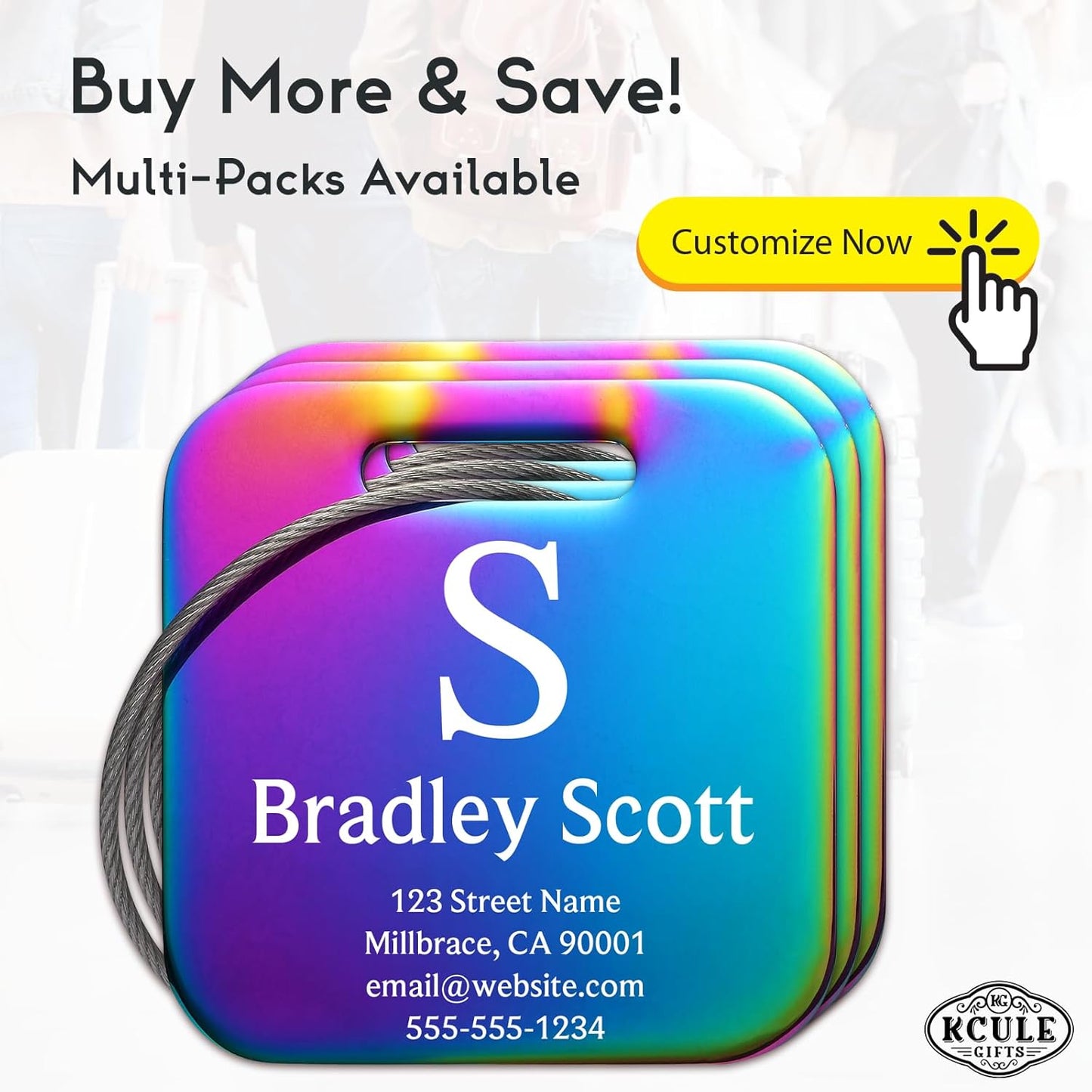 Customizable Stainless Steel Square Luggage Tags, Personalized, Metal, Suitcase, Bag, TSA Approved, Travel, Custom Text, Laser Engraved, Classic Square, Multicolor, 1 Count