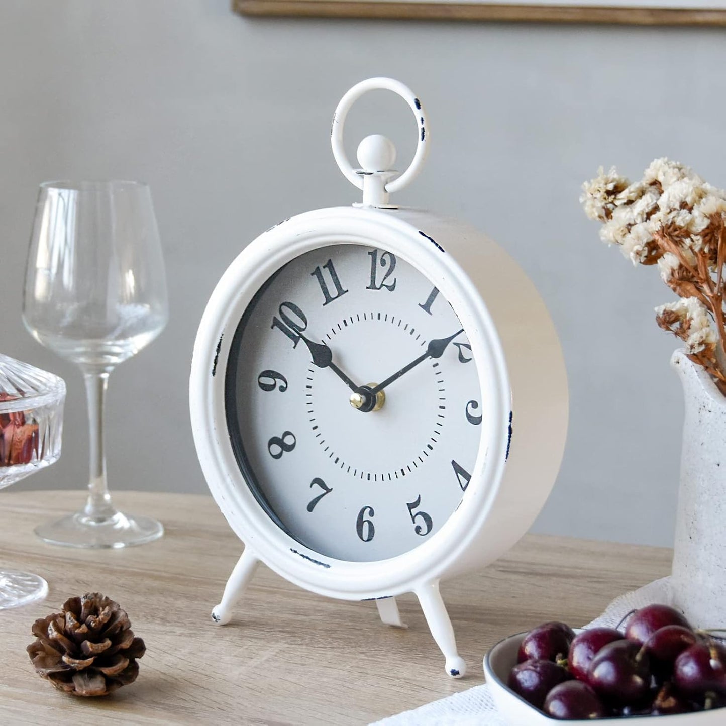 Vintage Rustic White Table Clock on Stand, Decorative Desk & Shelf Clock, Rustic Mantel Farmhouse Non-Ticking