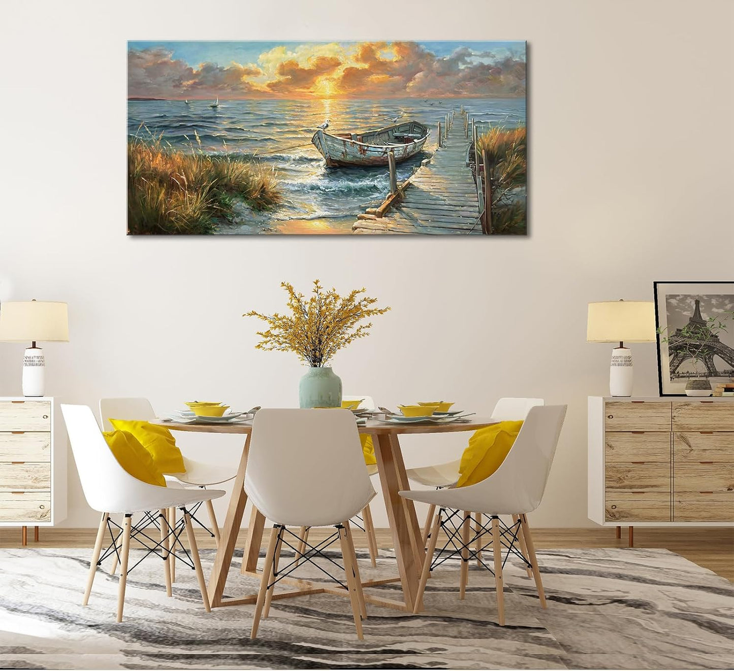 dgbtcart Ocean Sailboat Large Wall Art, Sunset Beach Painting Art Prints, Coastal Landscape Artwork for Walls, Seaside Pictures Wall Decor Living Room Bedroom Office Hotel Ready to Hang 24x48inch