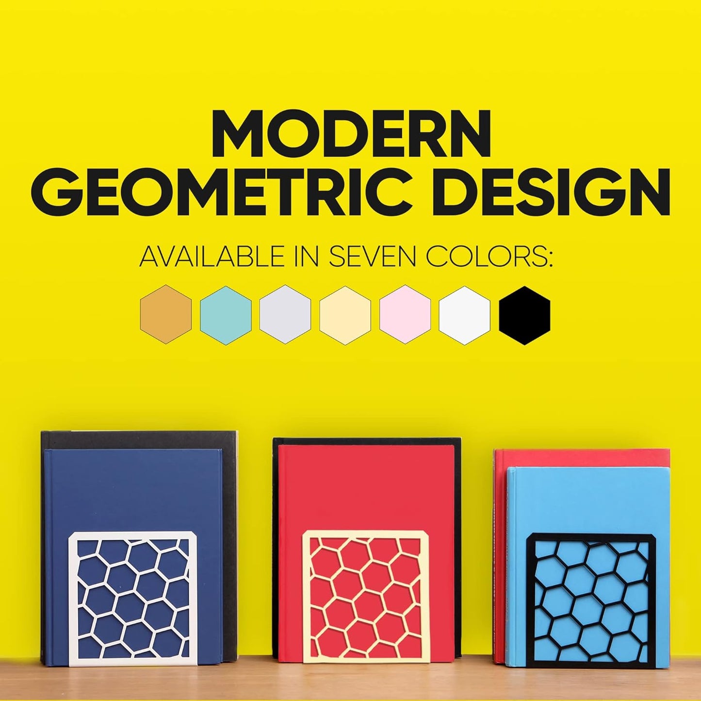 GEOMOD Geometric Honeycomb Yellow Metal Bookends Decorative - Tall Sturdy Book Ends for Shelves - Modern Heavy Duty Bookend Stopper - Office Shelf Book Holder - 6x3.25x6.25 Inches - 2 Pair