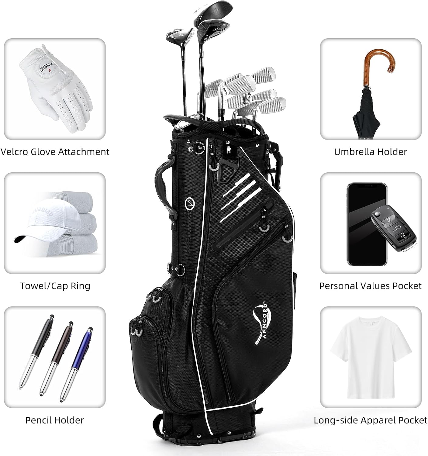 Golf Stand Bag 14 Way Top Dividers Full-Length with Stand, 8 Pockets, Cooler Pouch, Waterproof Golf Bag for Men, Dual Strap, Rain Hood