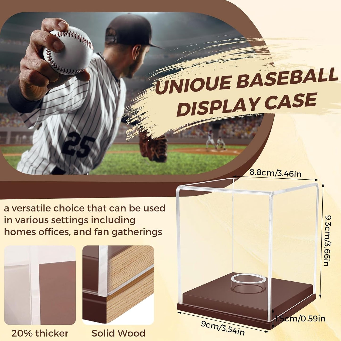 Baseball Display Case, UV Protected Clear Acrylic Cube Golf Ball Display Holder, Autograph Stand and Memorabilia Showcase Box for One Ball, Brown Wooden Base