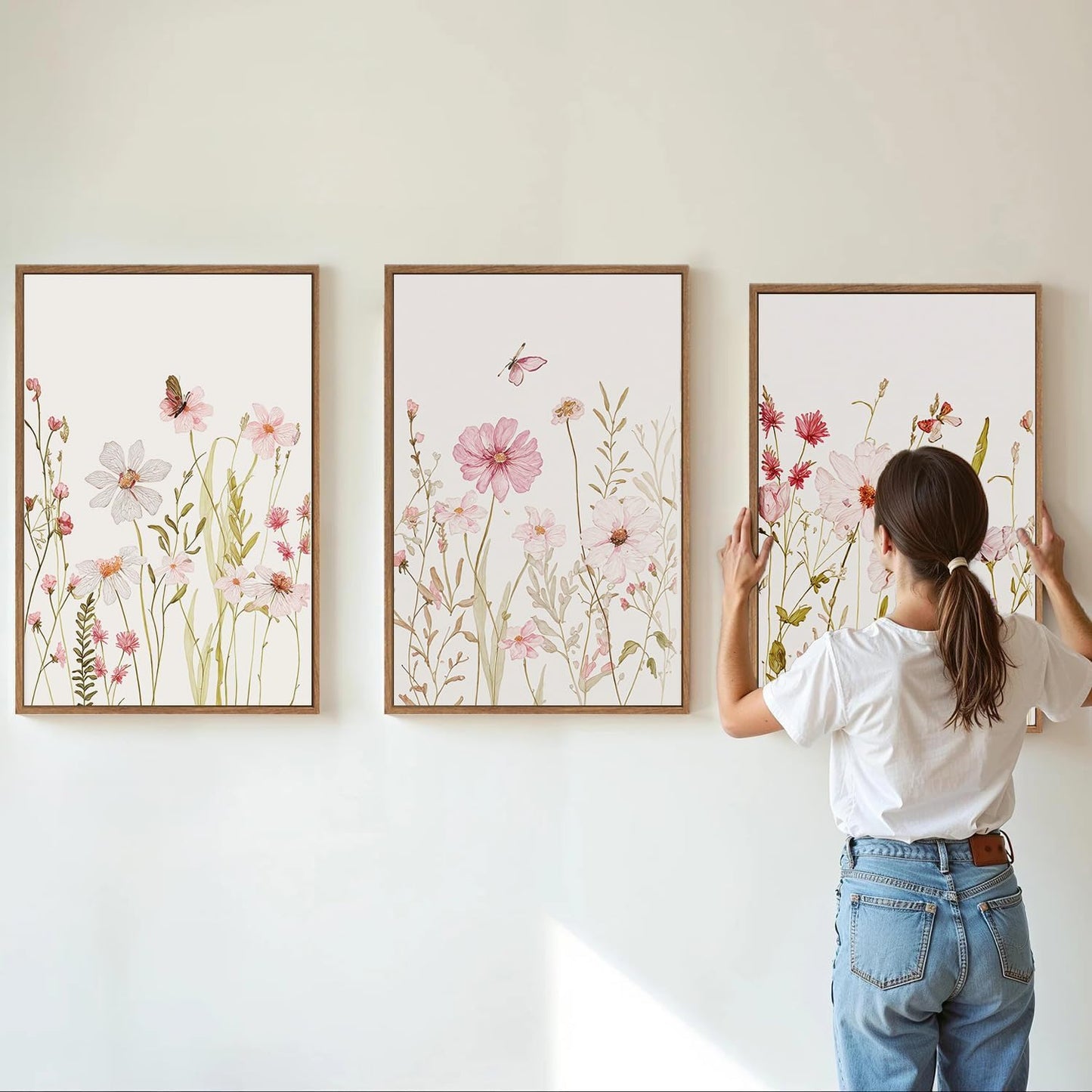 MTFBWY 3Pcs Framed Wildflower Canvas Wall Art – Pink Floral Wall Art Watercolor Prints, Pink Botanical Artwork, Colorful Flower Pictures Decor Printing for Living Room, Girls Bedroom, or Bathroom 16L" x 12W"