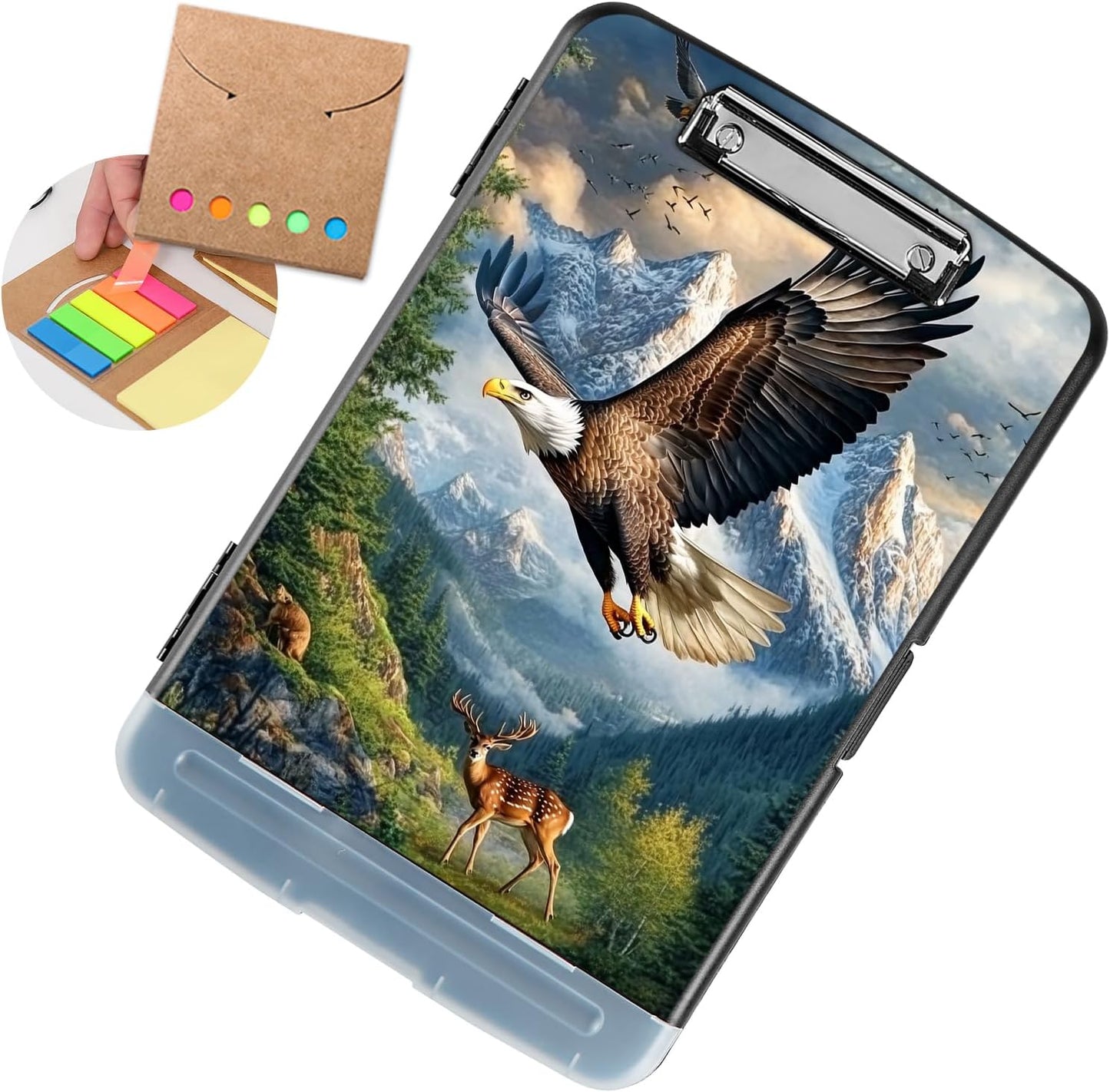 Clipboard with Storage - Large Capacity,Nursing Clipboard with Pen Holder,Heavy Duty,Plastic Side-Opening Folder for Teacher,Nurse - Bald Eagle Soaring Above Deer