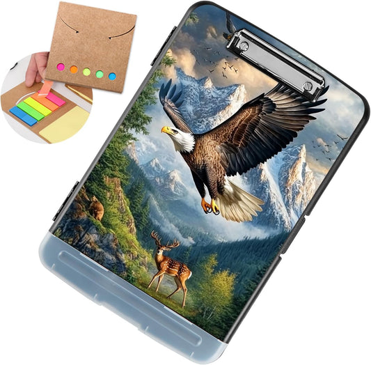 Clipboard with Storage - Large Capacity,Nursing Clipboard with Pen Holder,Heavy Duty,Plastic Side-Opening Folder for Teacher,Nurse - Bald Eagle Soaring Above Deer