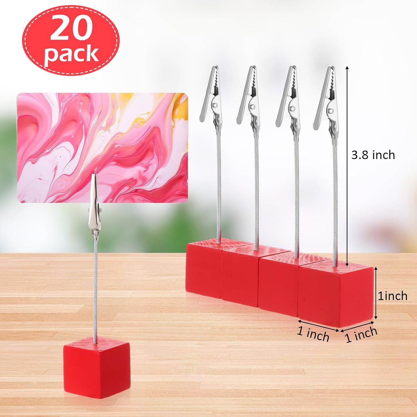 20 Pcs Cube Base Memo Clip Holder with Alligator Clip Wood Table Number Holder Cube Base Place Card Stand Mini Photo Menu Stand for Displaying Number Card(Red)