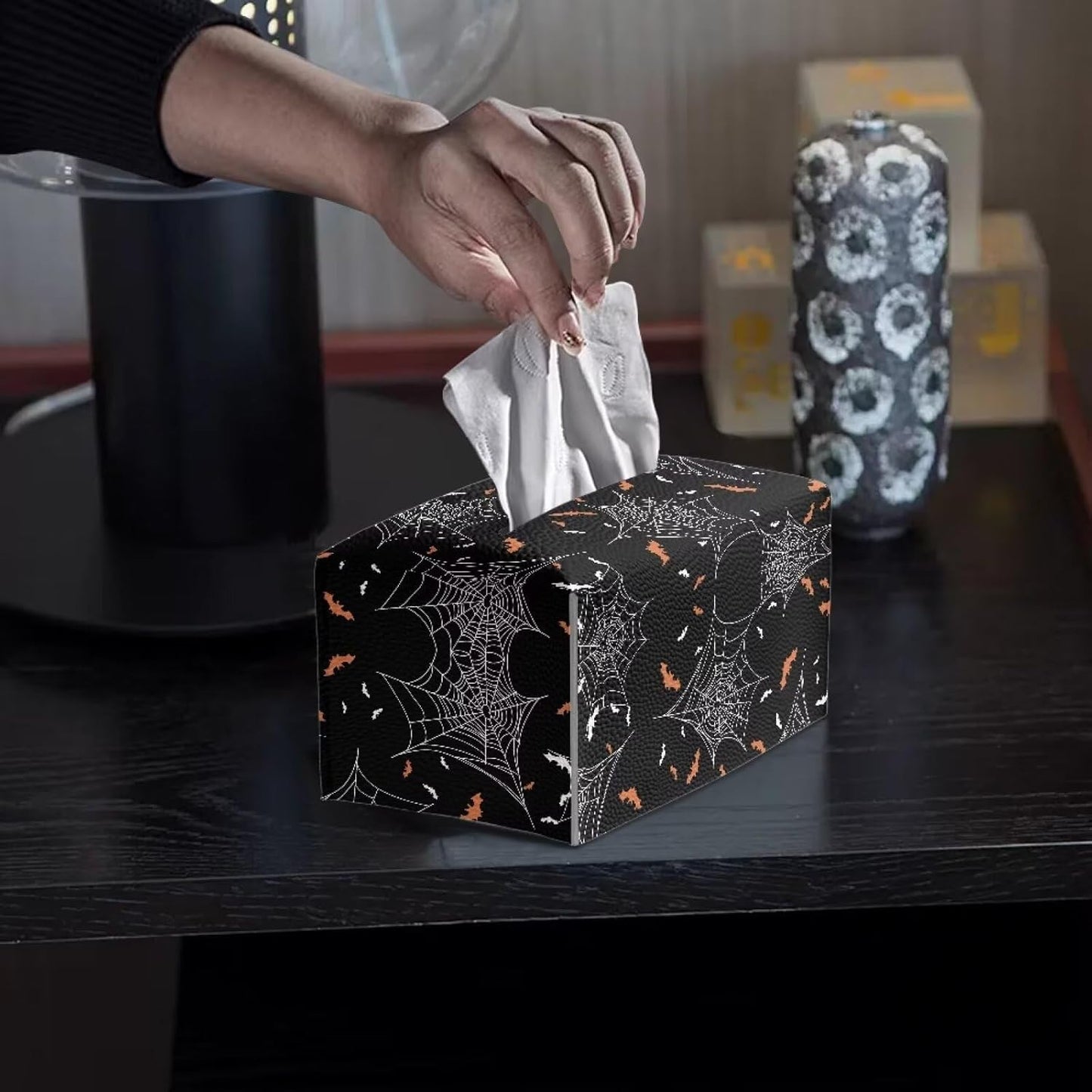 Halloween Rectangular Tissue Box Cover Skull Pumpkin Print PU Leather Tissue Cover Decorative Organizer with Bottom Belt Easy to Clean for Home, Car, Hotel, Office Tissue Holder