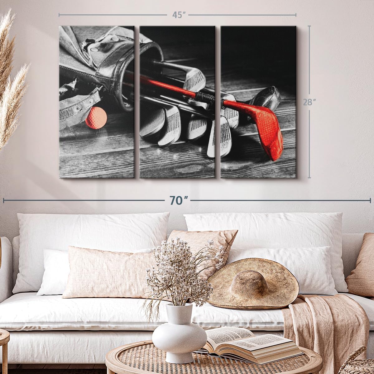 ElephantStock Golf Equipment Pop Wall Art - Horizontal Canvas - 3-Piece Living Room Wall Decor - Photography Sports Canvas Print - Black and Gray Decor for Wall - 45" X 28"