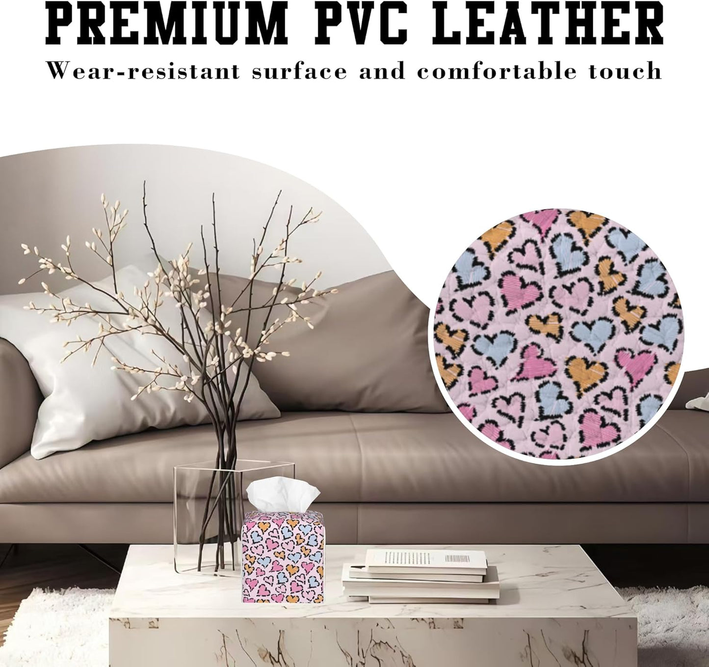 Colorful Heart Leopard Print Tissue Box Cover Square, Tissue Box Holder Leather Facial Paper Case Decorative Organizer Holder Dispenser Home Office Car Decor