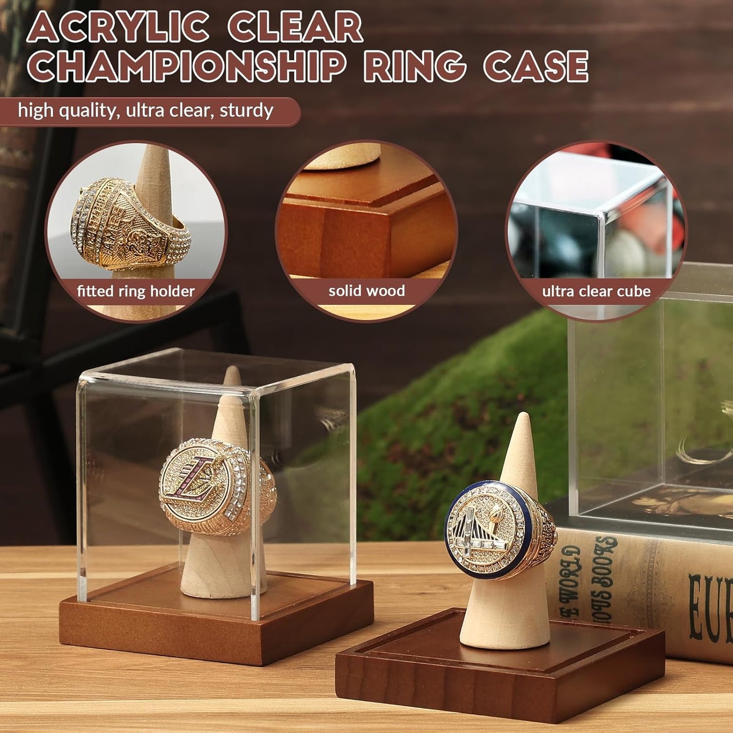 JupDec Championship Ring Display Case 2 Pack, Clear Acrylic Single Ring Holder with Wood Stand Base for Sports Basketball Baseball Fan Souvenirs Military, UV Protection