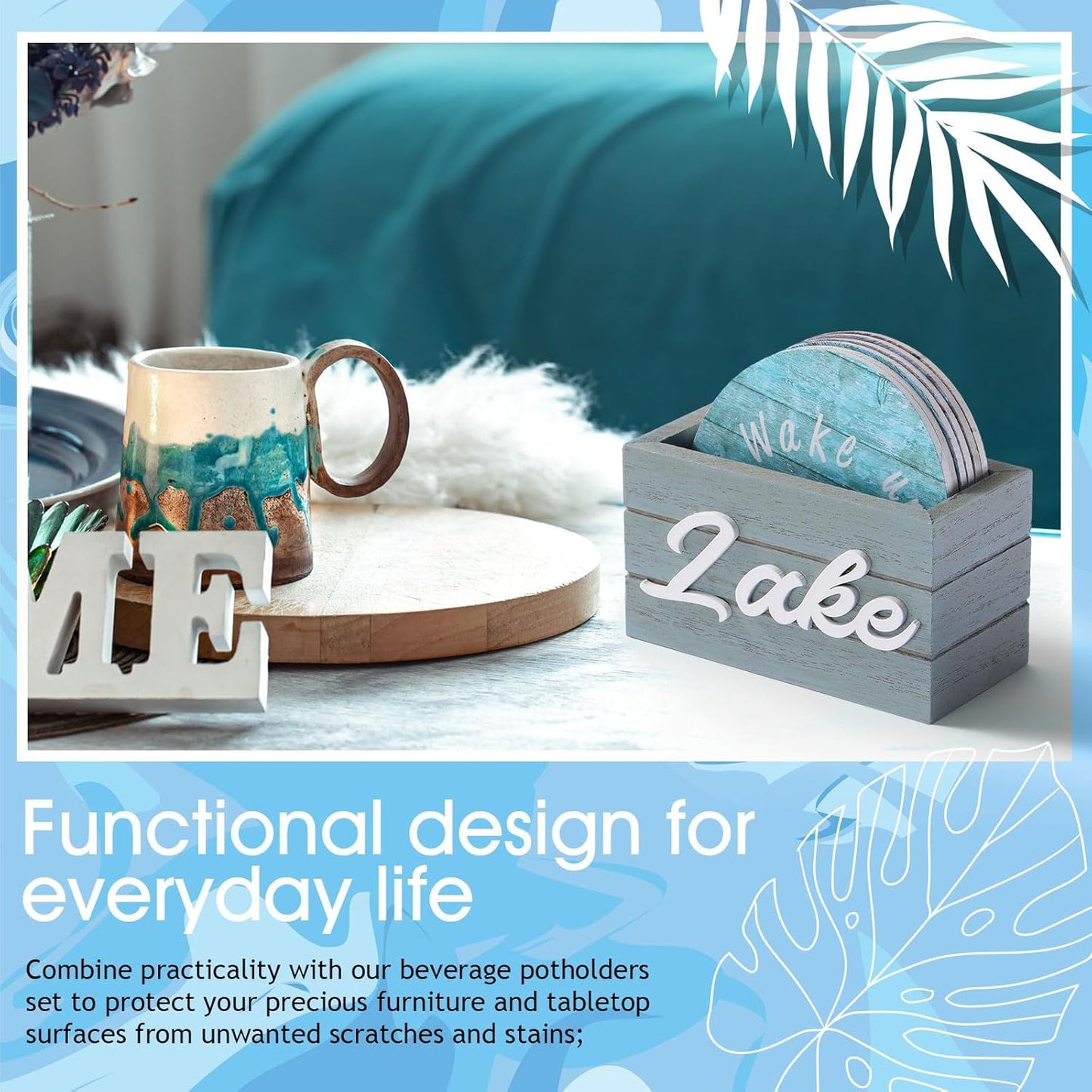 Queekay 6 Set Lake Theme Coasters with Holder for Drinks, Lake House Gifts for Lake Lovers, 4'' Wooden Coasters with Lake Sayings Housewarming Gifts for Home Lake Theme Bar Coffee Table Decorations