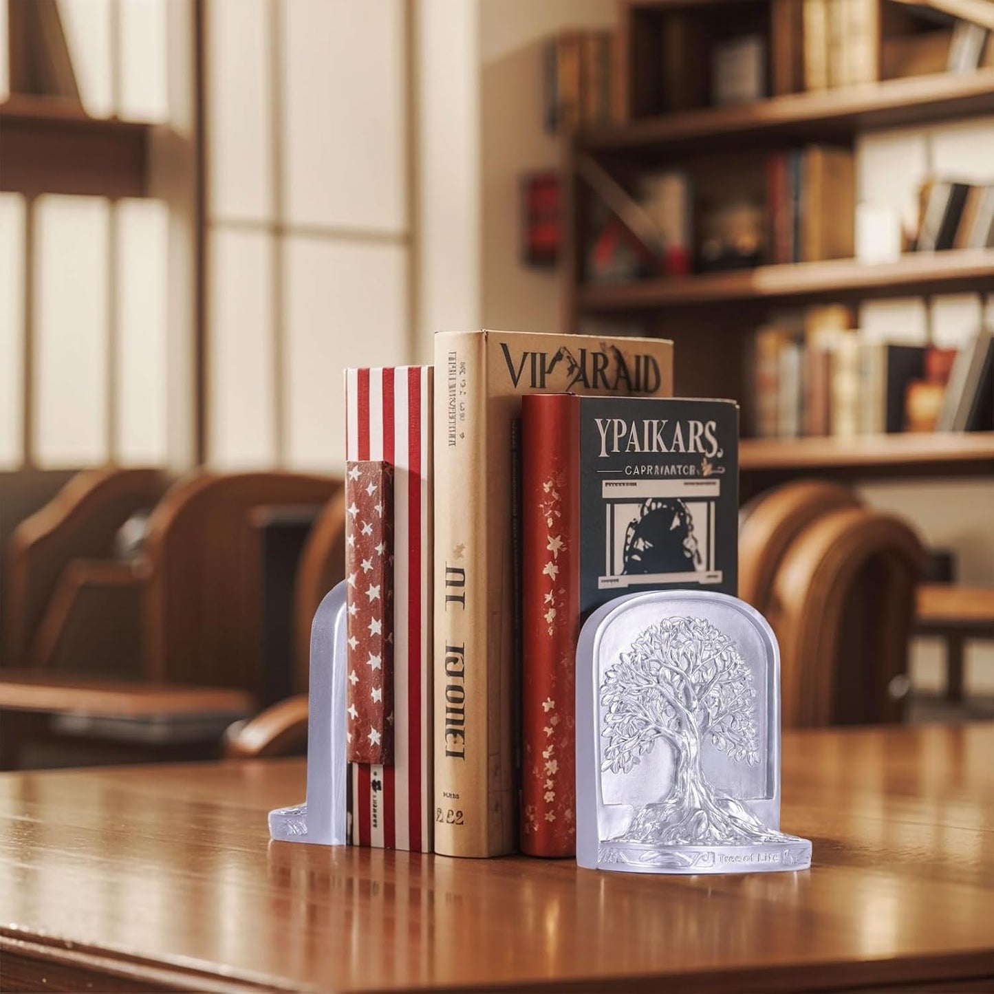 Silver Tree of Life Bookends Set, 2 Decorative Bookends for Shelves or Bookcase, Non-Skid Heavy Bookends for Desktop Shelf Decor, Library Office Decor, Home Décor Gift