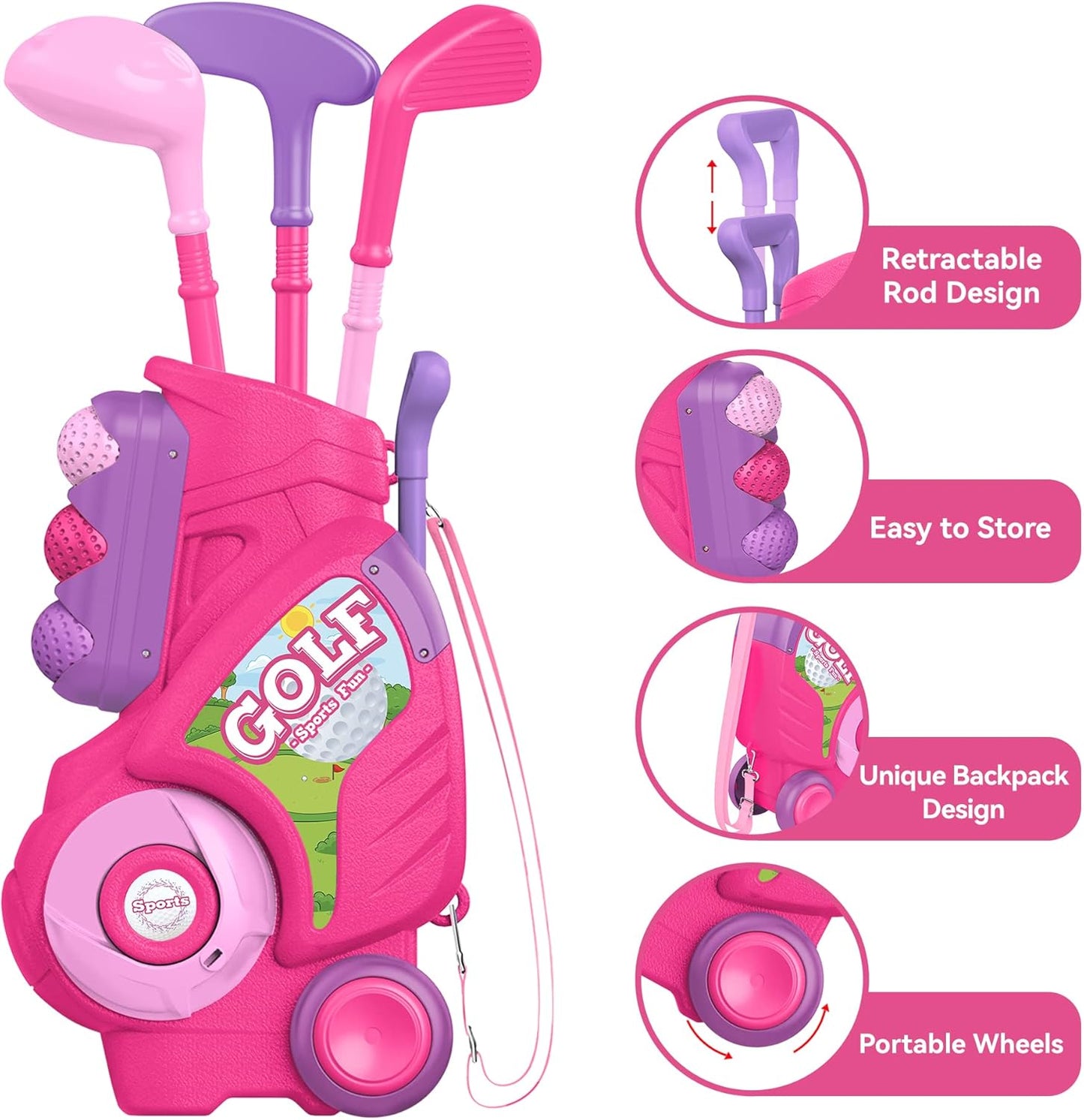 Liberry Toddler Golf Set for 1 2 3 4 Years Old, Upgraded Kids Golf Cart with Unique Shoulder Strap Design, Indoor and Outdoor Golf Toys for Boys Girls (Pink)