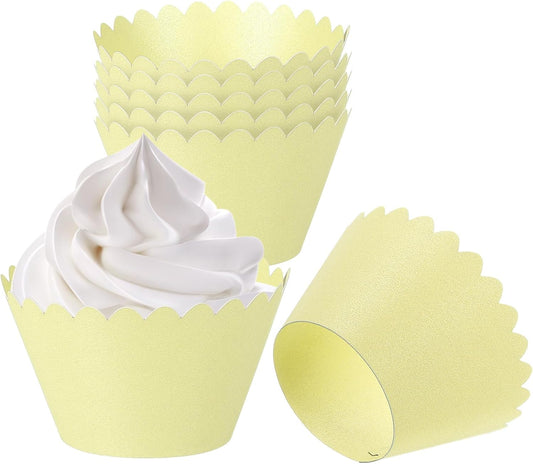 PATIKIL Cupcake Wrappers Paper, 50 Pack Baking Cups Standard Wave Decoration for Anniversary Birthday Weddings and Parties, Light Yellow