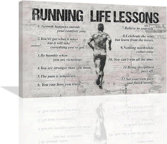 Running Life Lessons Wall Art Running Sports Wall Decor Running Sign Retro Poster Boy Men Motivational Decorations Canvas Print Painting Artwork for Bedroom Bathroom Living Room Gym 24"x16"