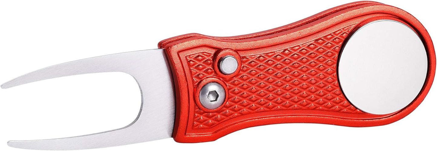 Mile High Life Golf Divot Repair Tool, All Metal Foldable Divot Tool with Pop-up Button & Magnetic Ball Marker